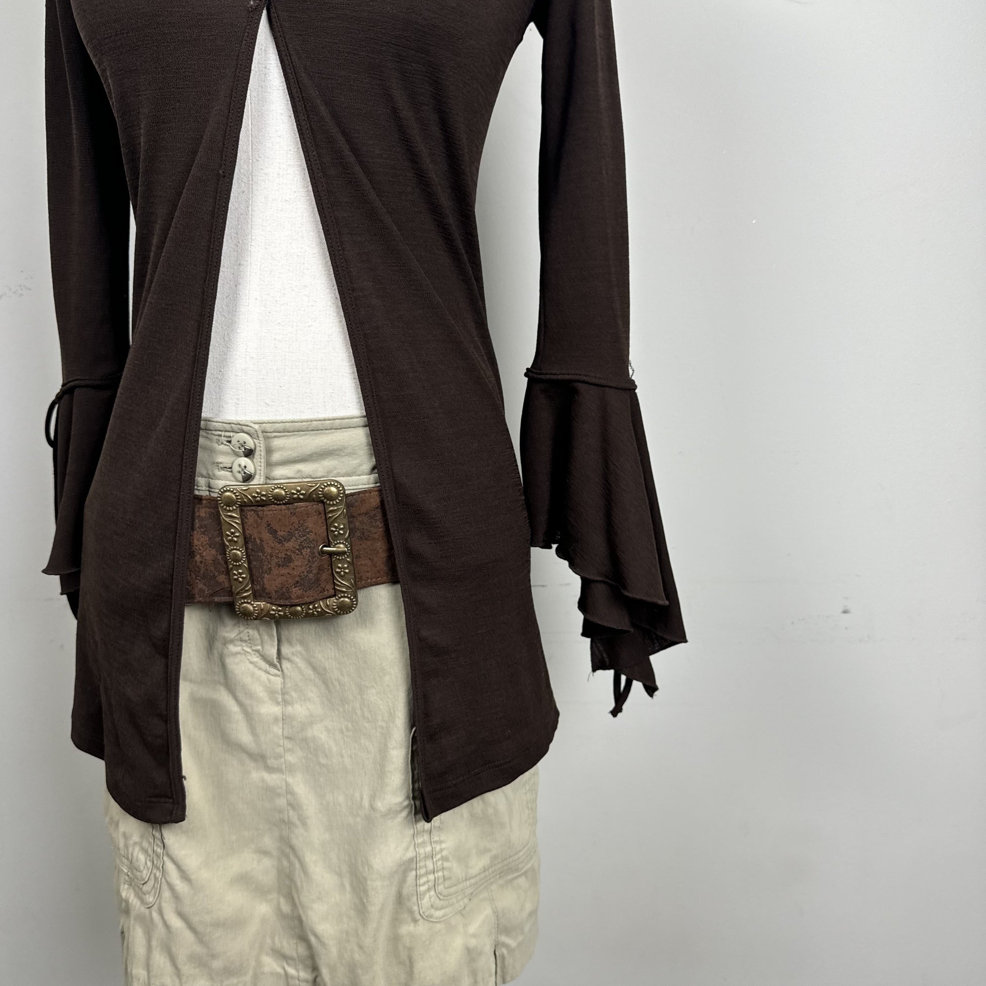 Vintage Brown Open Front Bell Sleeve Tie Detail Top – view 13