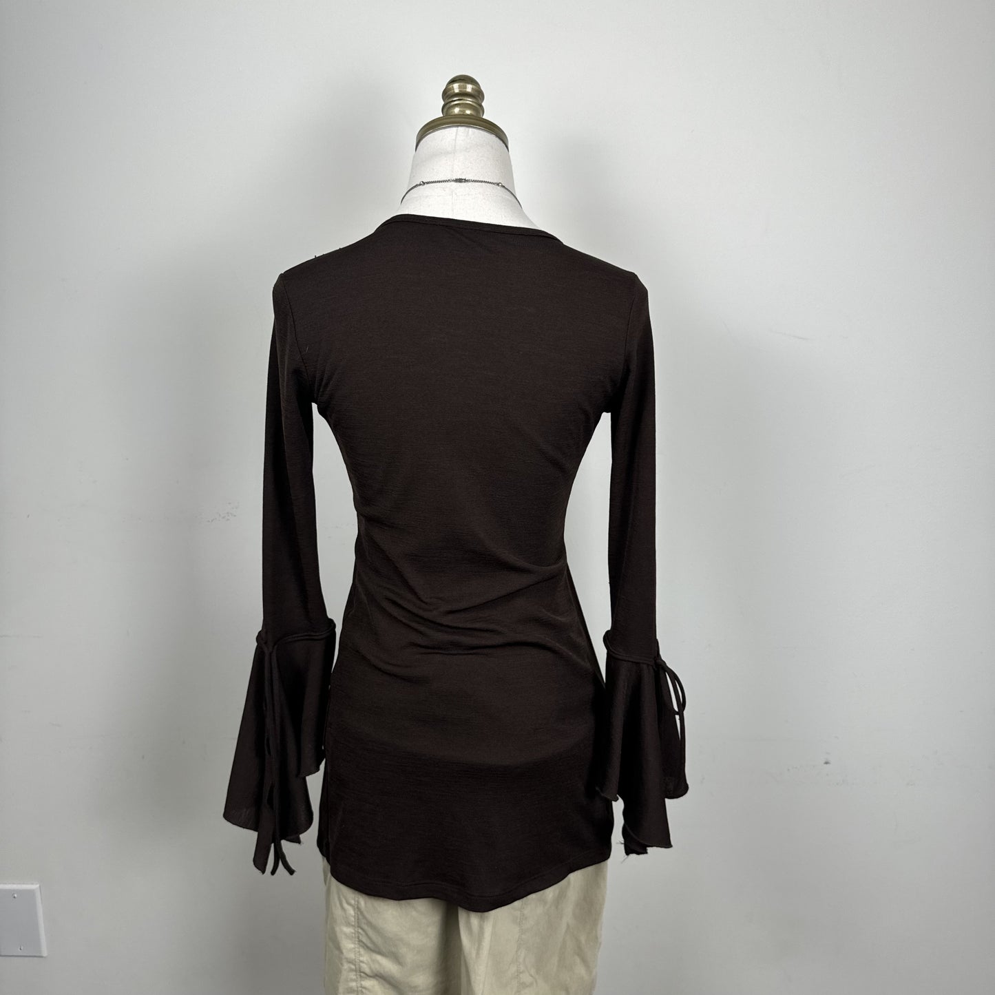 Vintage Brown Open Front Bell Sleeve Tie Detail Top – view 8