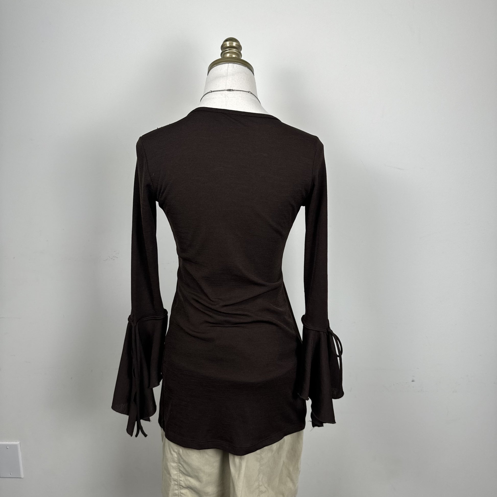 Vintage Brown Open Front Bell Sleeve Tie Detail Top – view 8