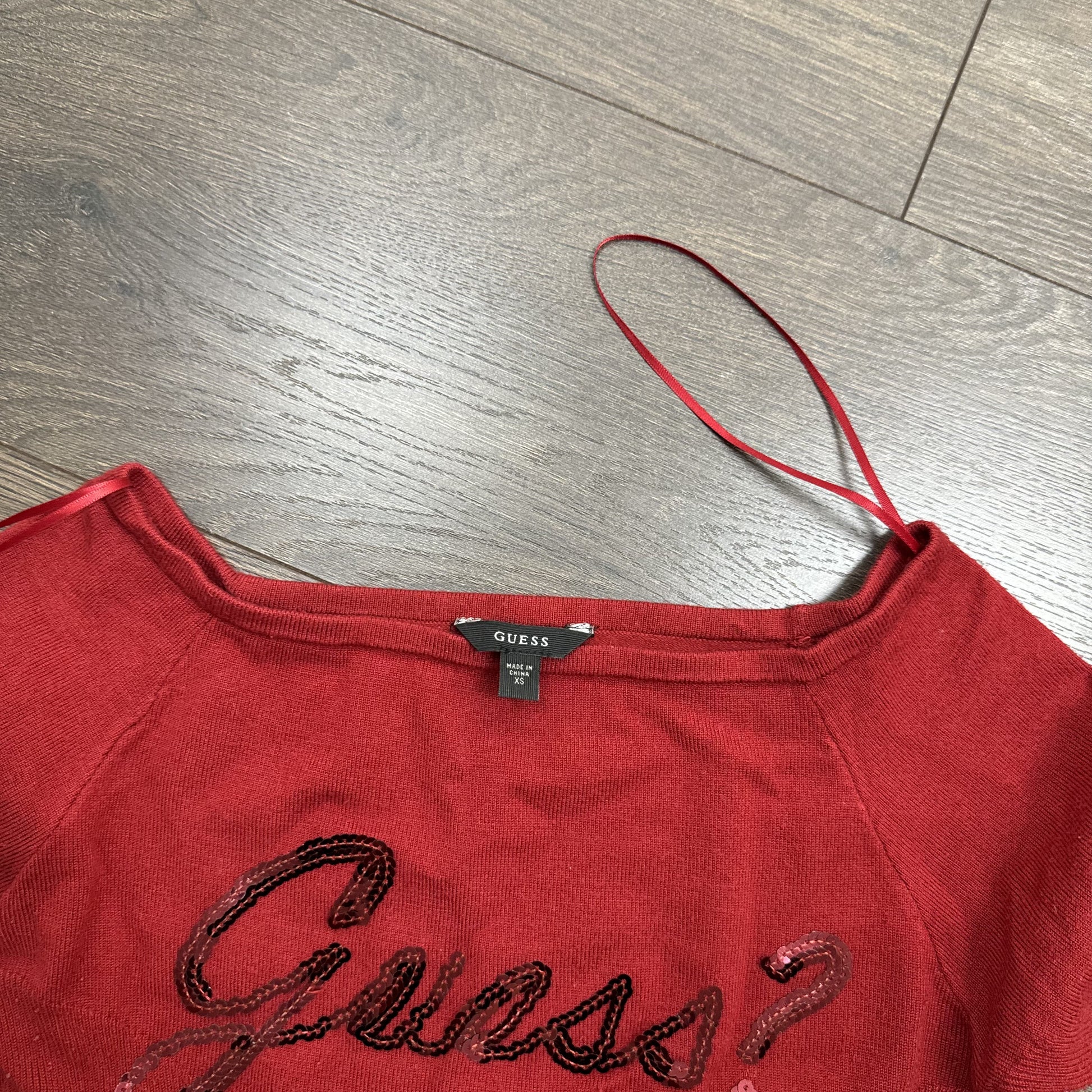 Guess Dark Red Off Shoulder Knit Sweater Three Quarter Sleeve – view 7