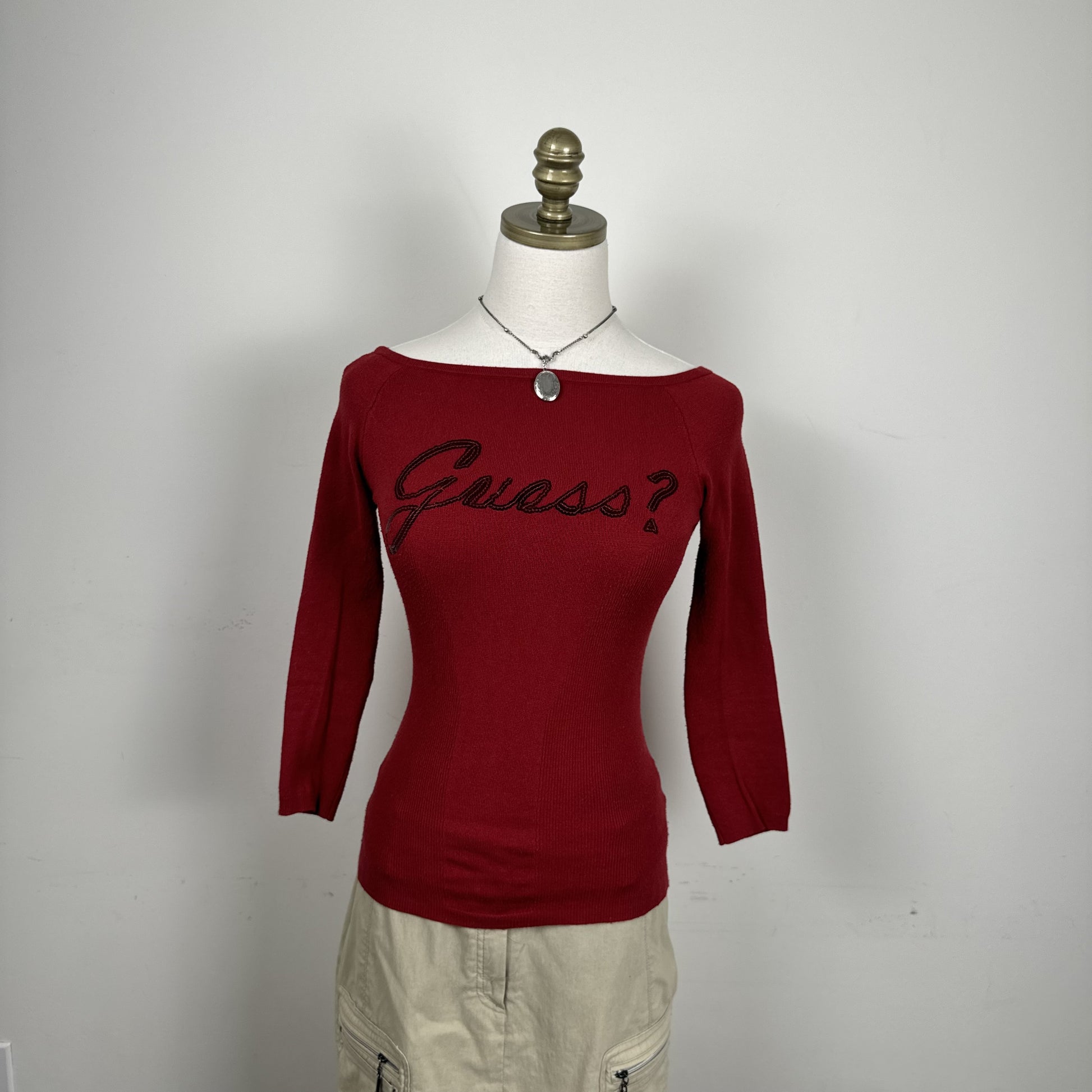 Guess Dark Red Off Shoulder Knit Sweater Three Quarter Sleeve