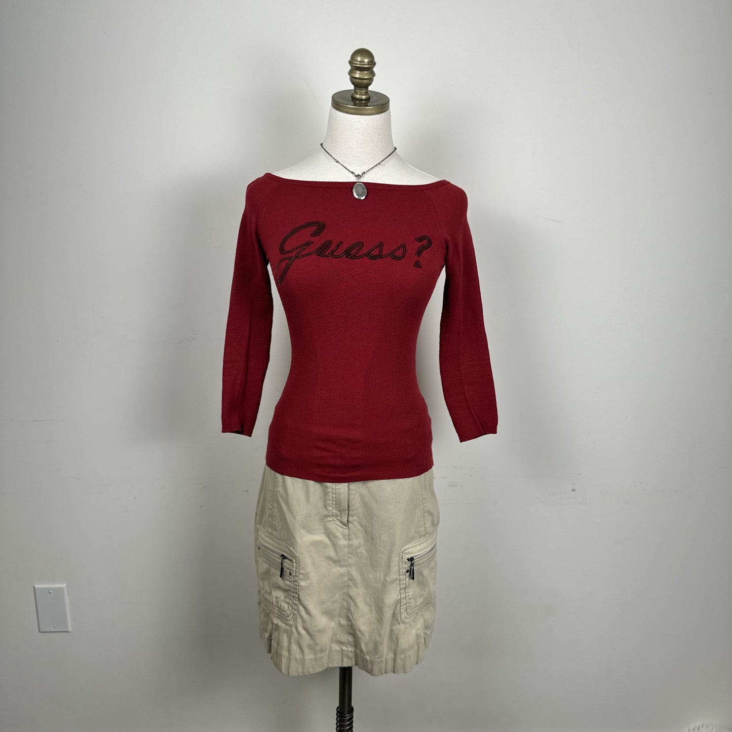 Guess Dark Red Off Shoulder Knit Sweater Three Quarter Sleeve – view 2