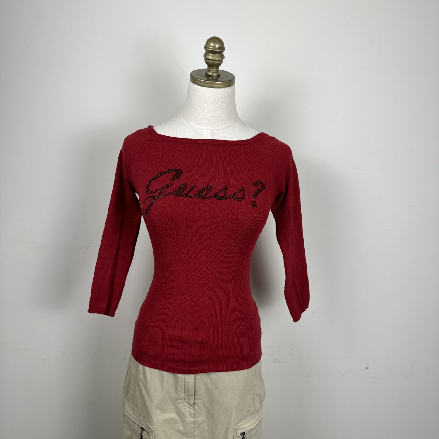 Guess Dark Red Off Shoulder Knit Sweater Three Quarter Sleeve – view 3