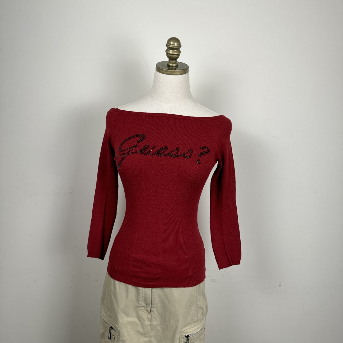 Guess Dark Red Off Shoulder Knit Sweater Three Quarter Sleeve – view 6