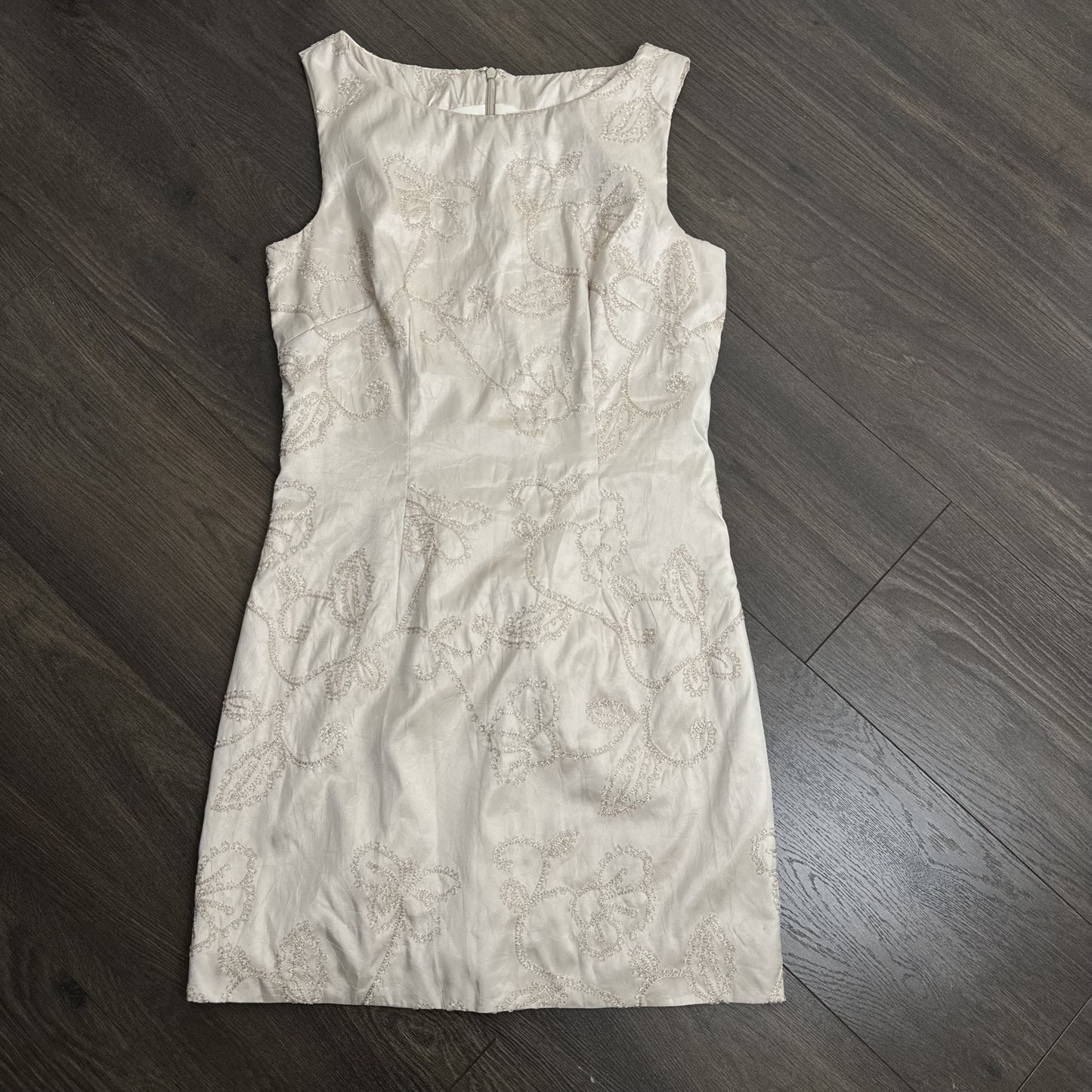 Beige Embroidered Fitted Sheath Dress with Lining – view 12