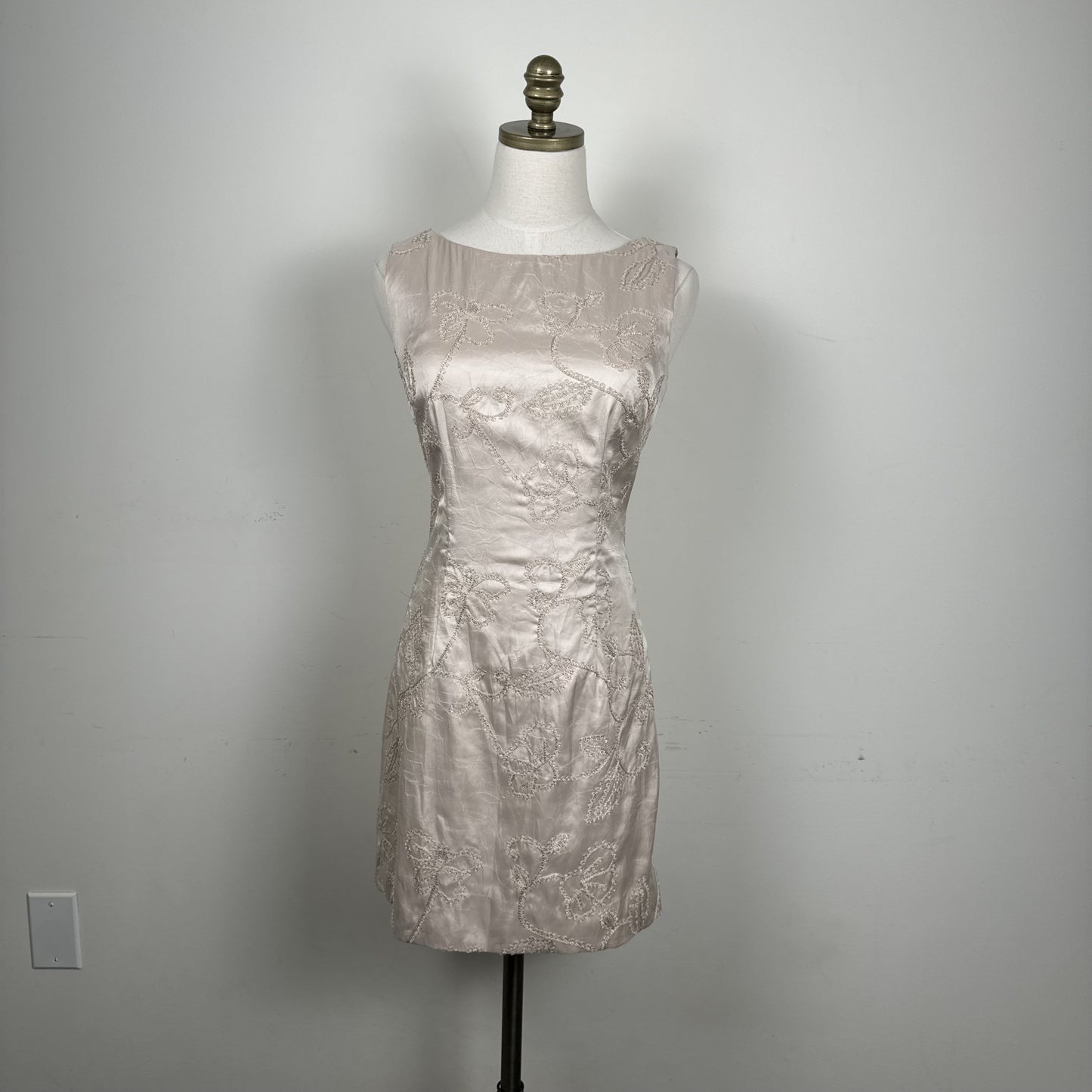 Beige Embroidered Fitted Sheath Dress with Lining