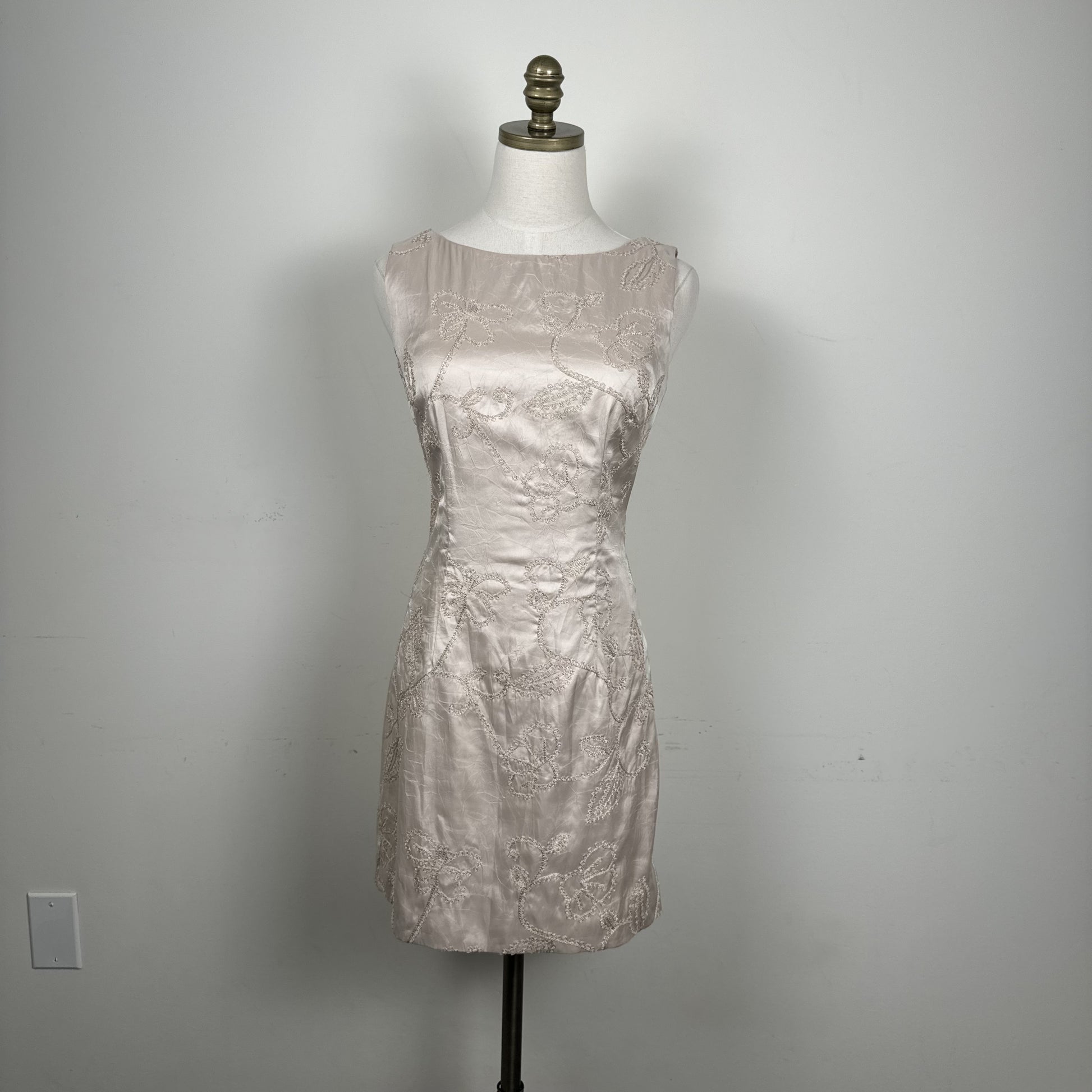 Beige Embroidered Fitted Sheath Dress with Lining