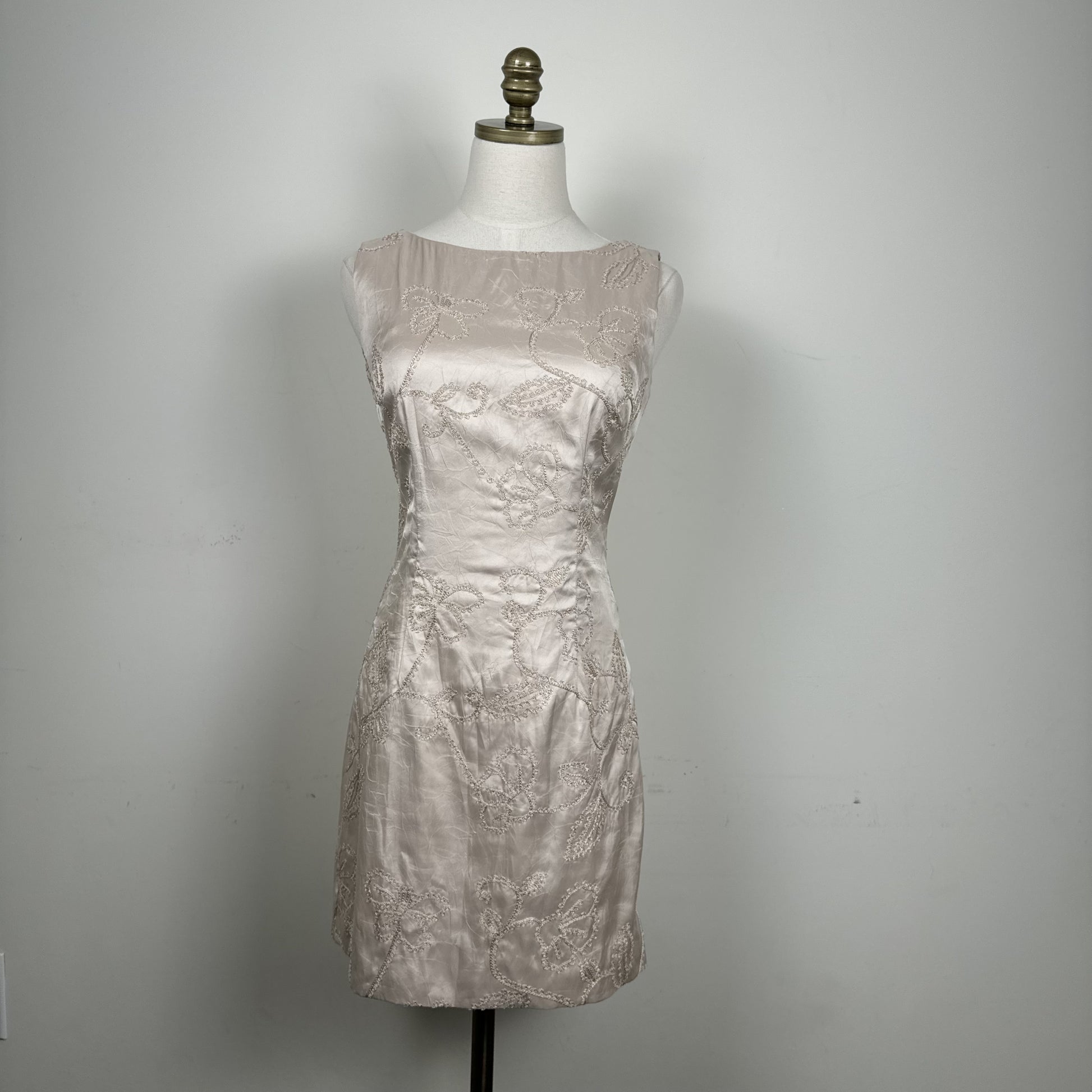 Beige Embroidered Fitted Sheath Dress with Lining – view 6