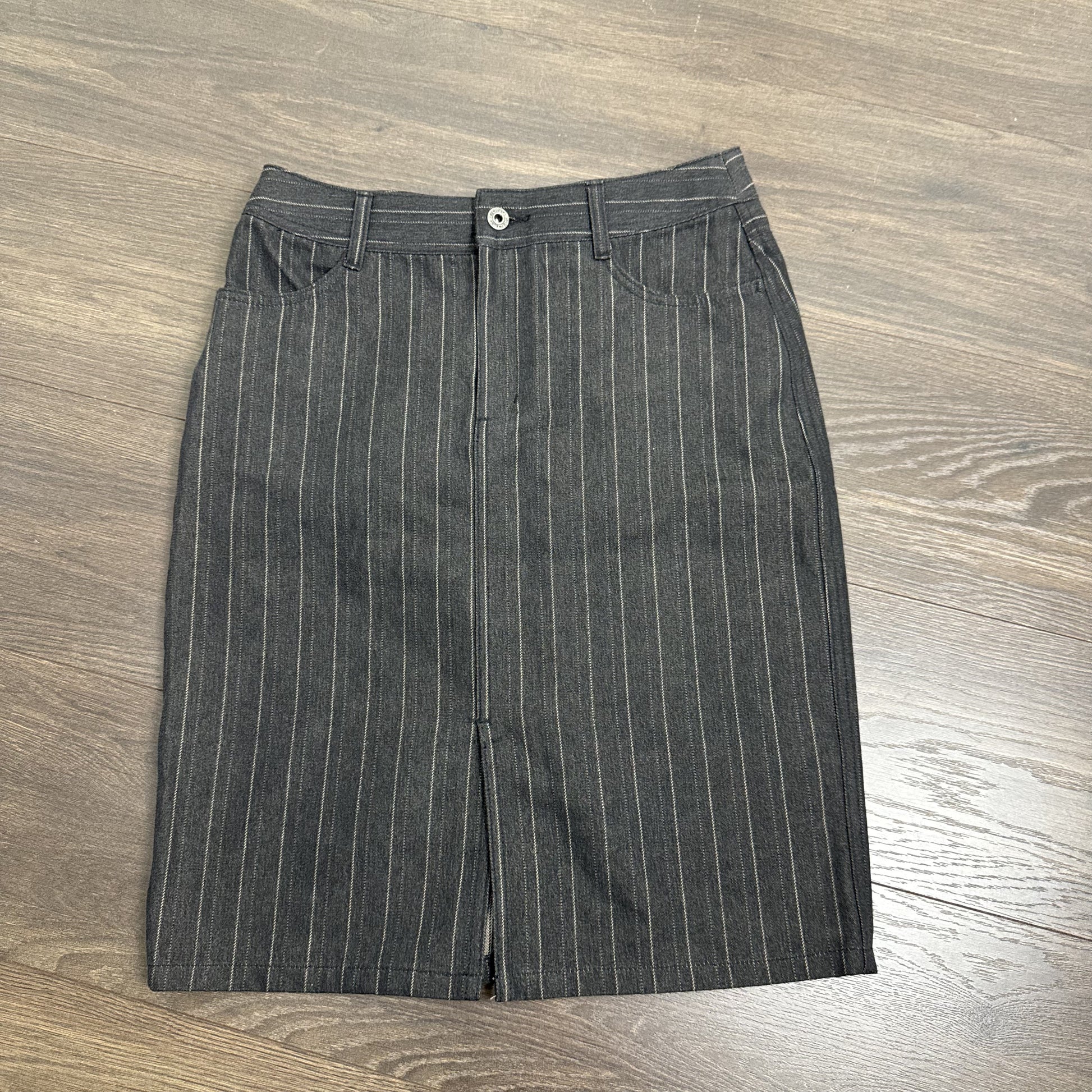 Vintage Alfred Sung Black Pinstripe Denim Midi Skirt – view 7