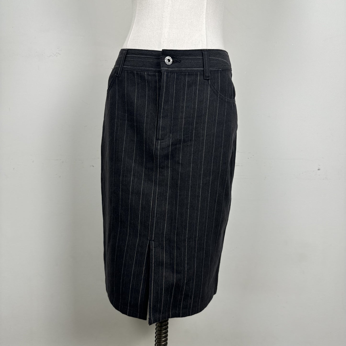 Vintage Alfred Sung Black Pinstripe Denim Midi Skirt