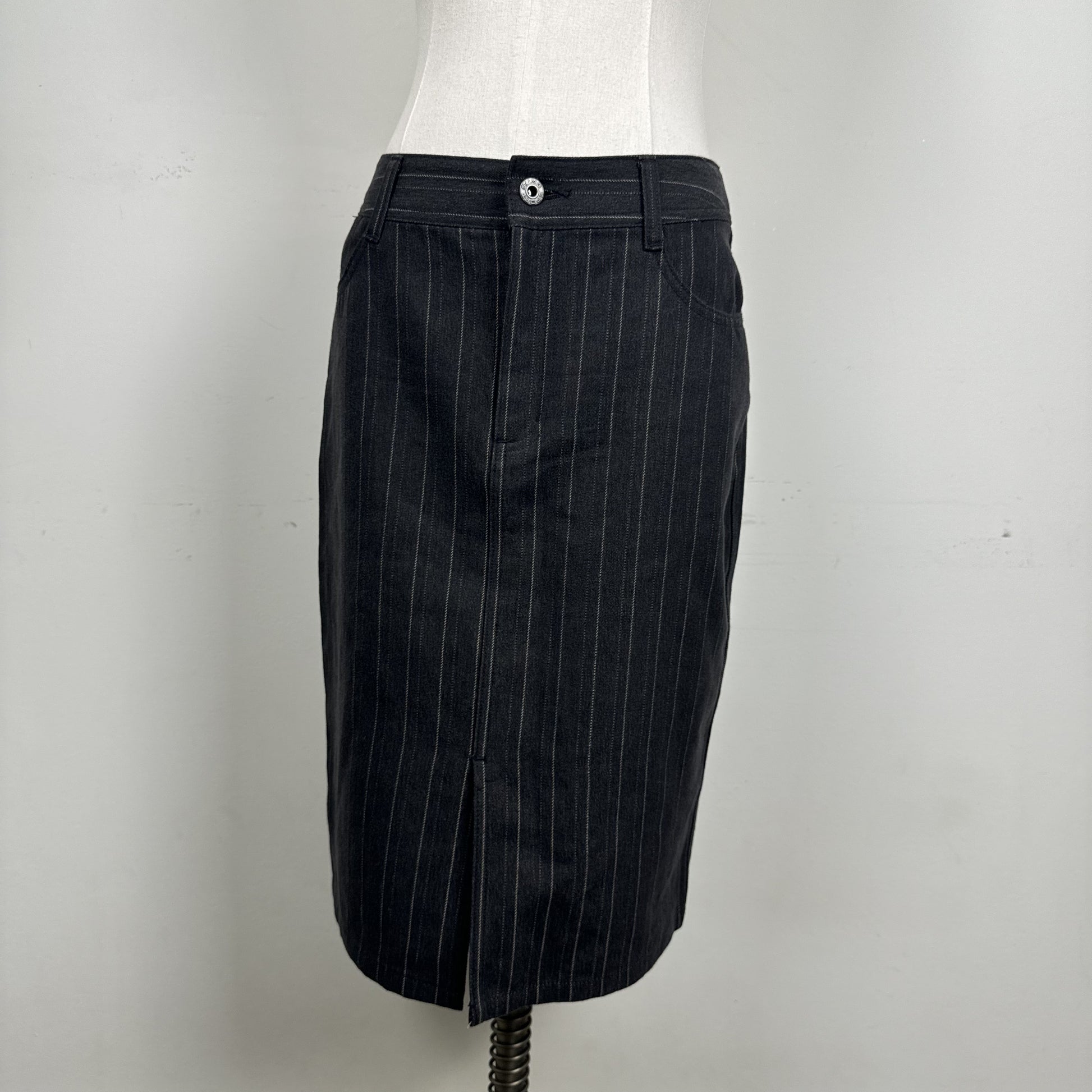 Vintage Alfred Sung Black Pinstripe Denim Midi Skirt