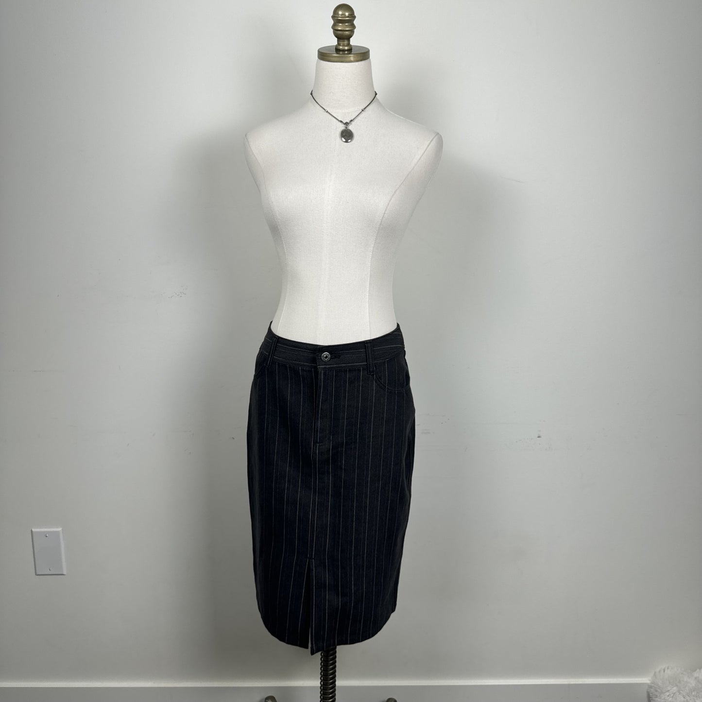 Vintage Alfred Sung Black Pinstripe Denim Midi Skirt – view 2