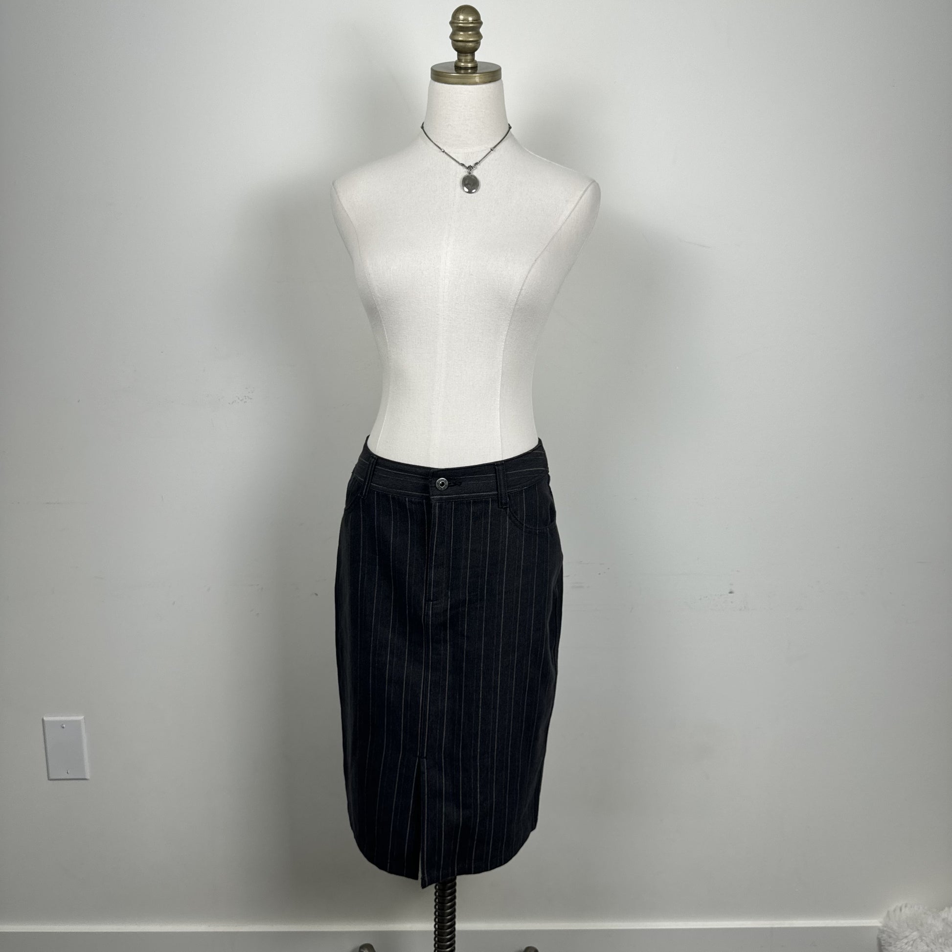 Vintage Alfred Sung Black Pinstripe Denim Midi Skirt – view 2