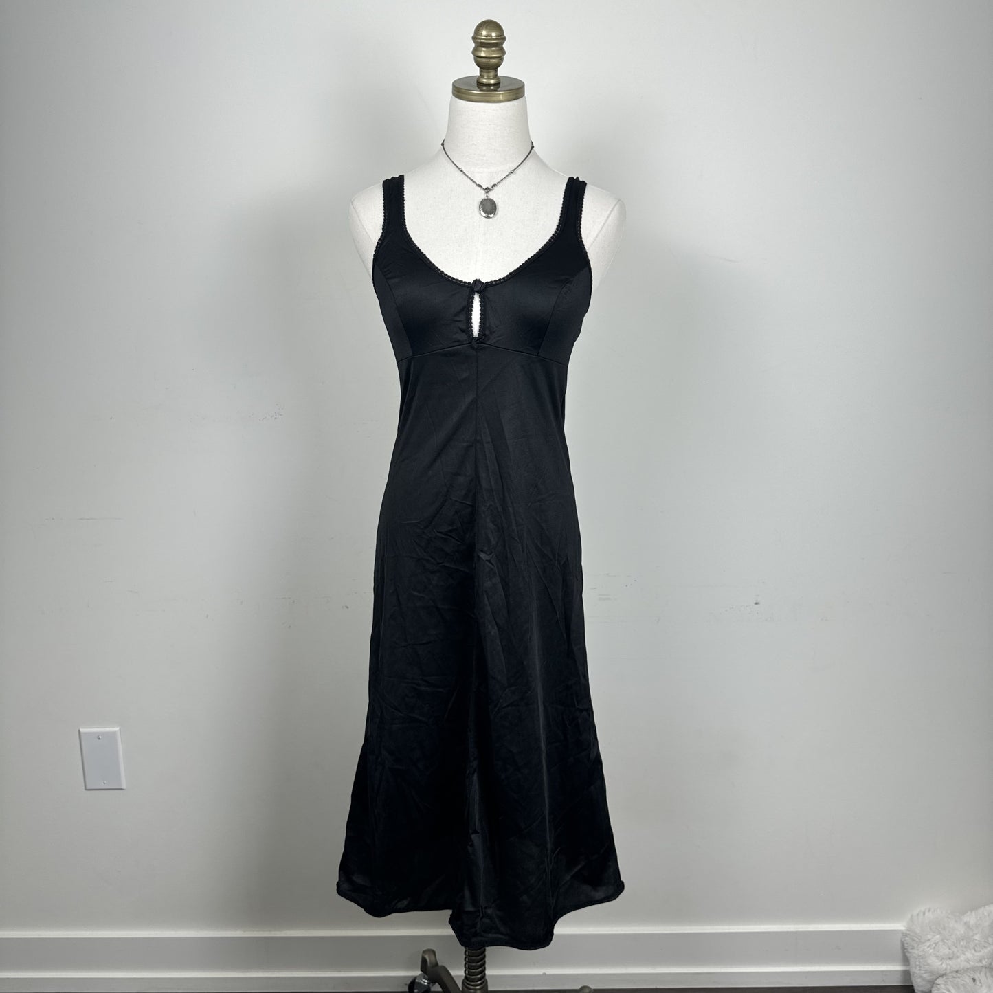 Vintage Black Satin Lace Trim Slip Dress