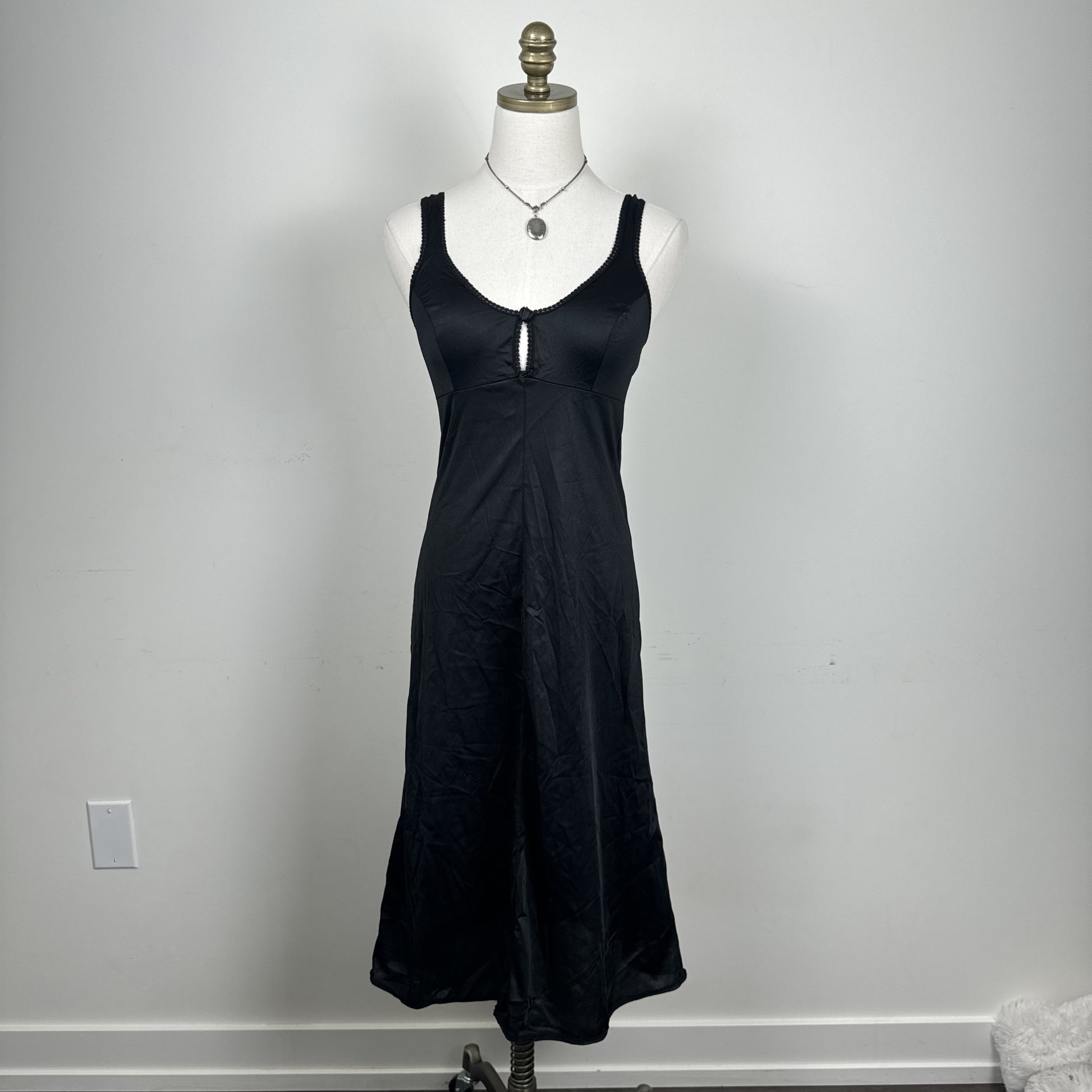 Vintage Black Satin Lace Trim Slip Dress