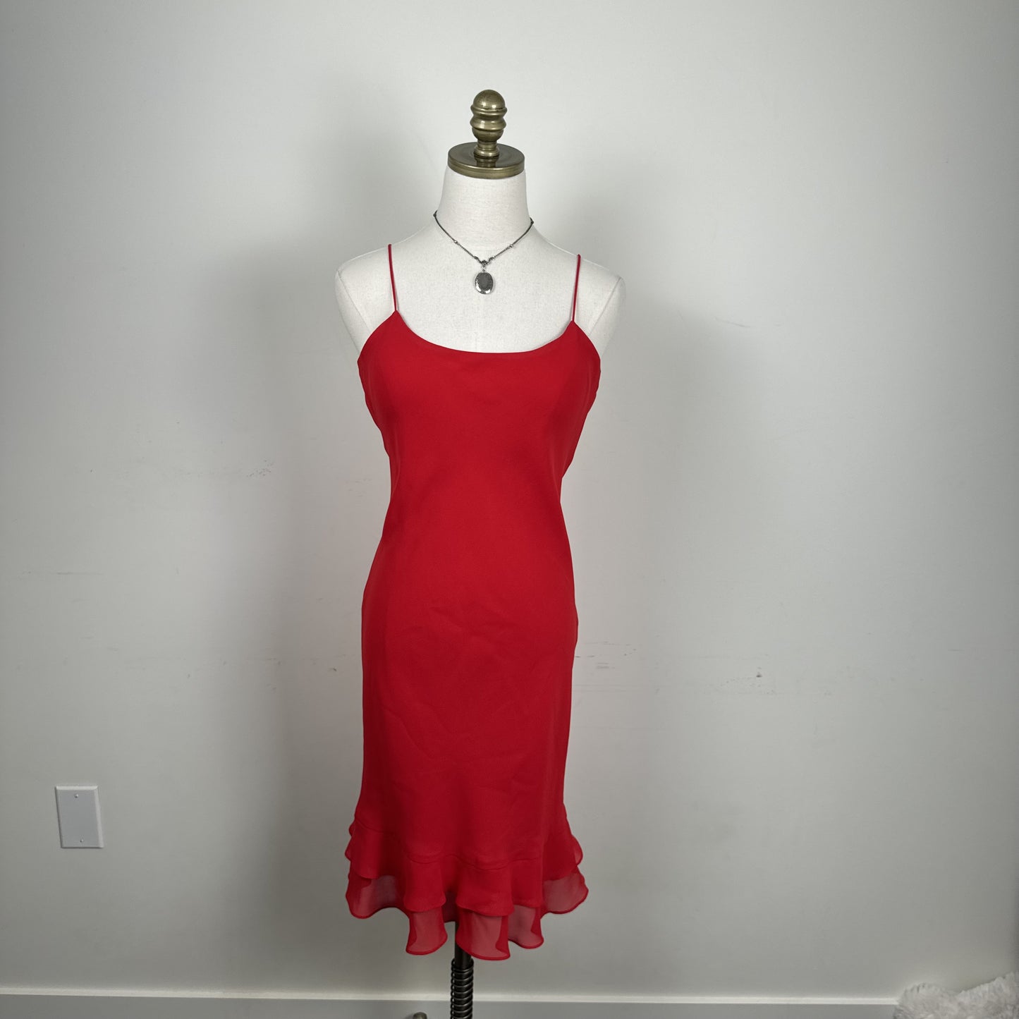 Vintage Ralph Lauren Red Semi Sheer Ruffled Hem Midi Slip Dress