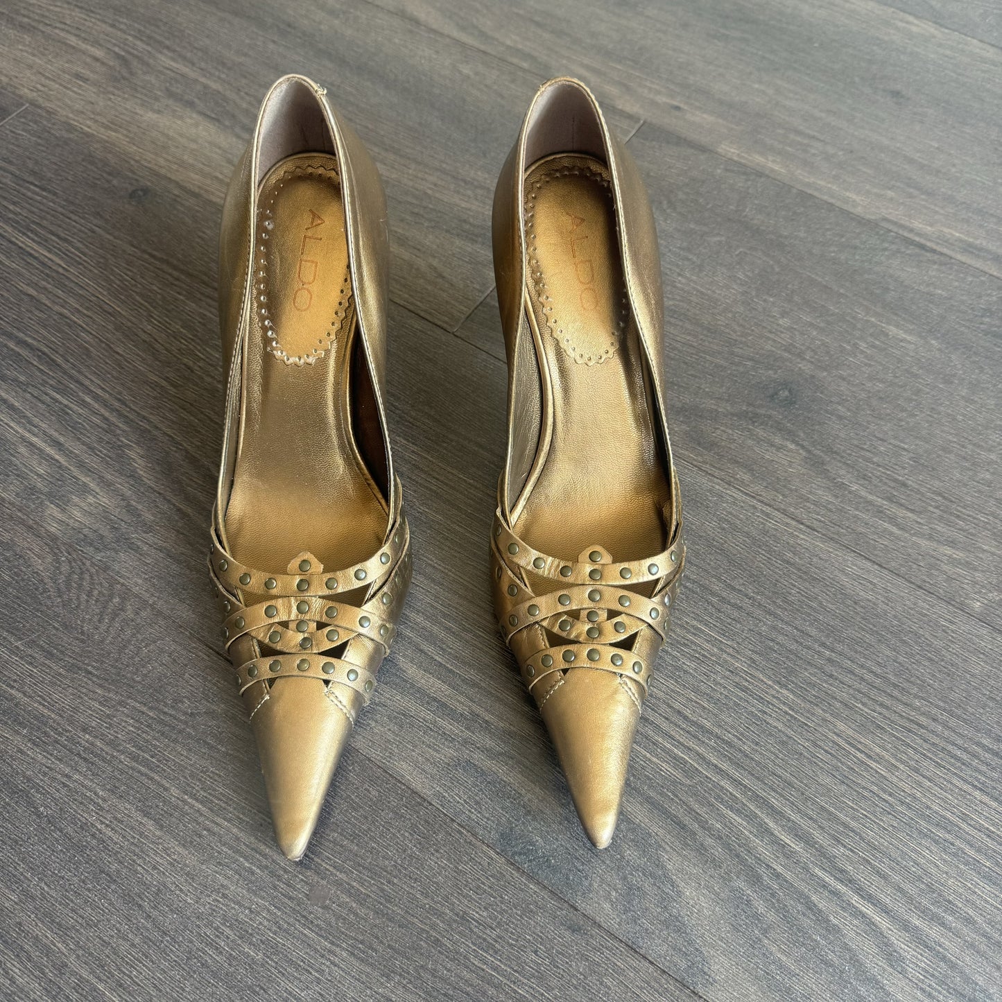 Vintage Aldo Gold Studded Pointed Toe Kitten Heels – view 5