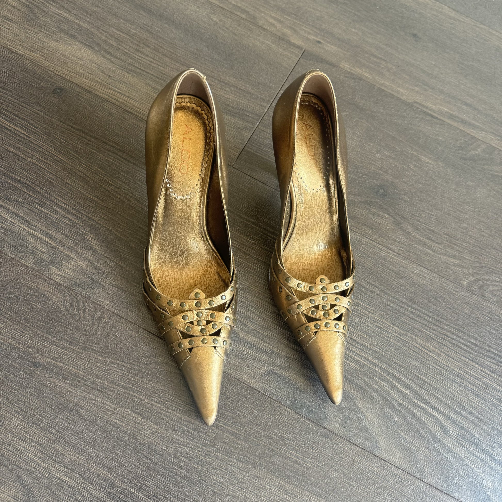 Vintage Aldo Gold Studded Pointed Toe Kitten Heels – view 6