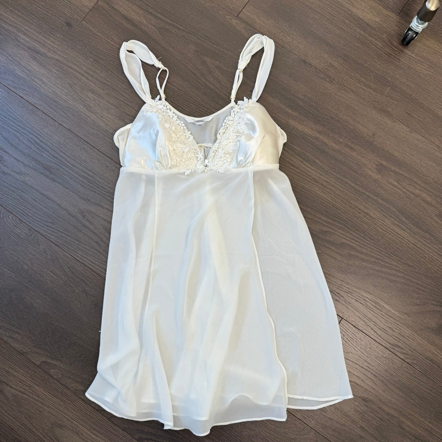 Vintage White Chiffon Babydoll Slip Dress with Satin Bust & Embroidery