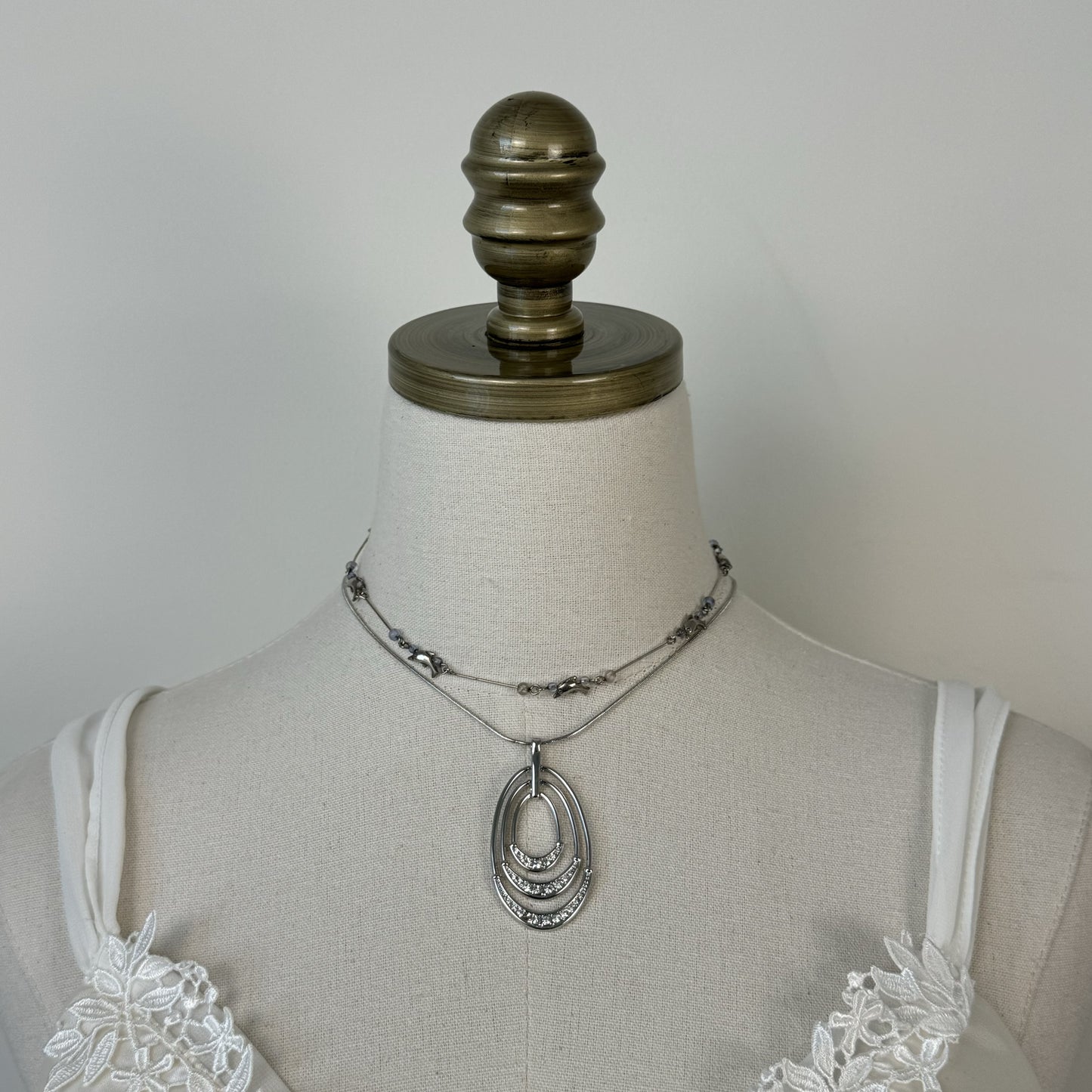 Silver Stainless Steel Layered Chain Necklace with Round Pendant