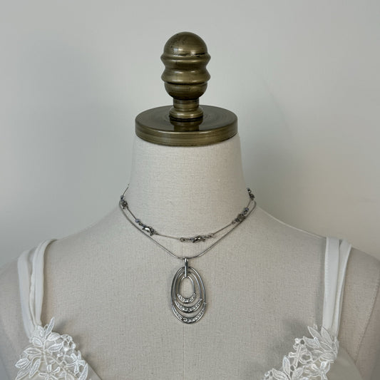Silver Stainless Steel Layered Chain Necklace with Round Pendant