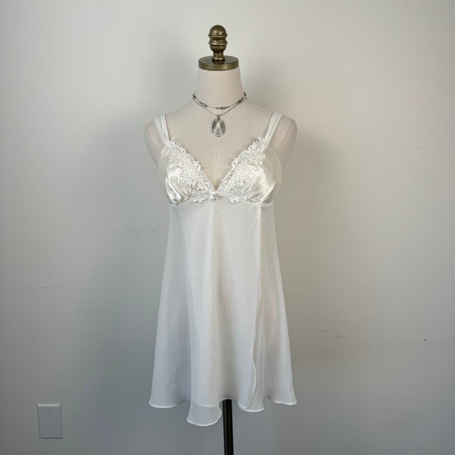 Vintage White Chiffon Babydoll Slip Dress with Satin Bust & Embroidery