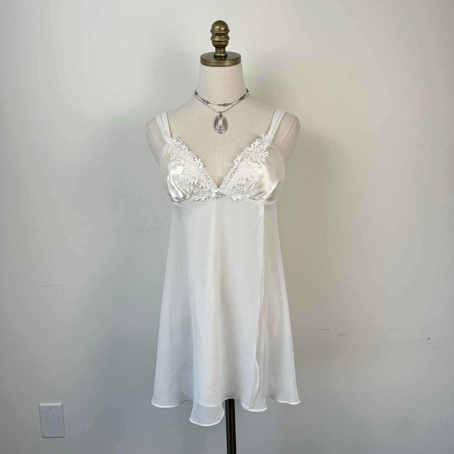 Vintage White Chiffon Babydoll Slip Dress with Satin Bust & Embroidery