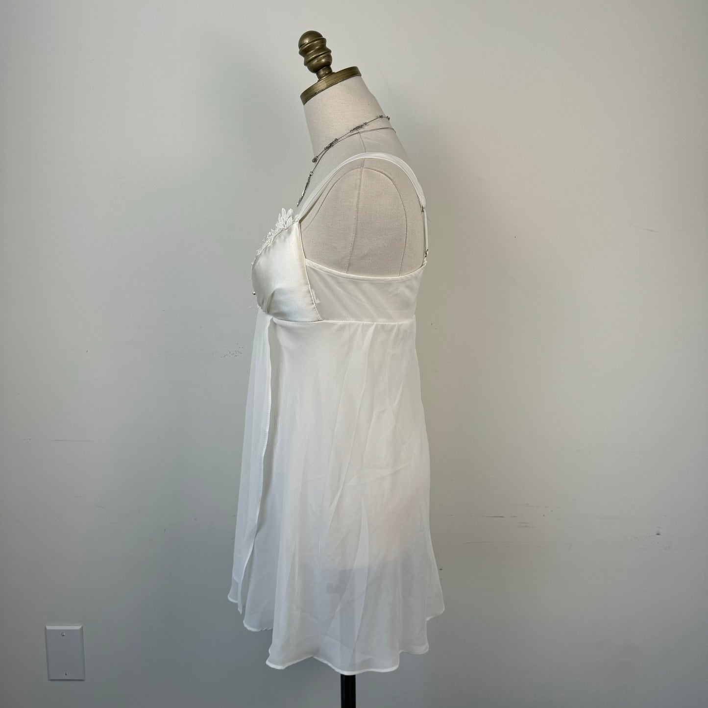 Vintage White Chiffon Babydoll Slip Dress with Satin Bust & Embroidery