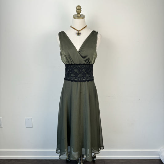 Vintage Metallic Green Chiffon Mesh Overlay Cinched Waist Dress