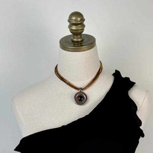 Brown Multi-Strand Beaded Necklace with Black Pendant