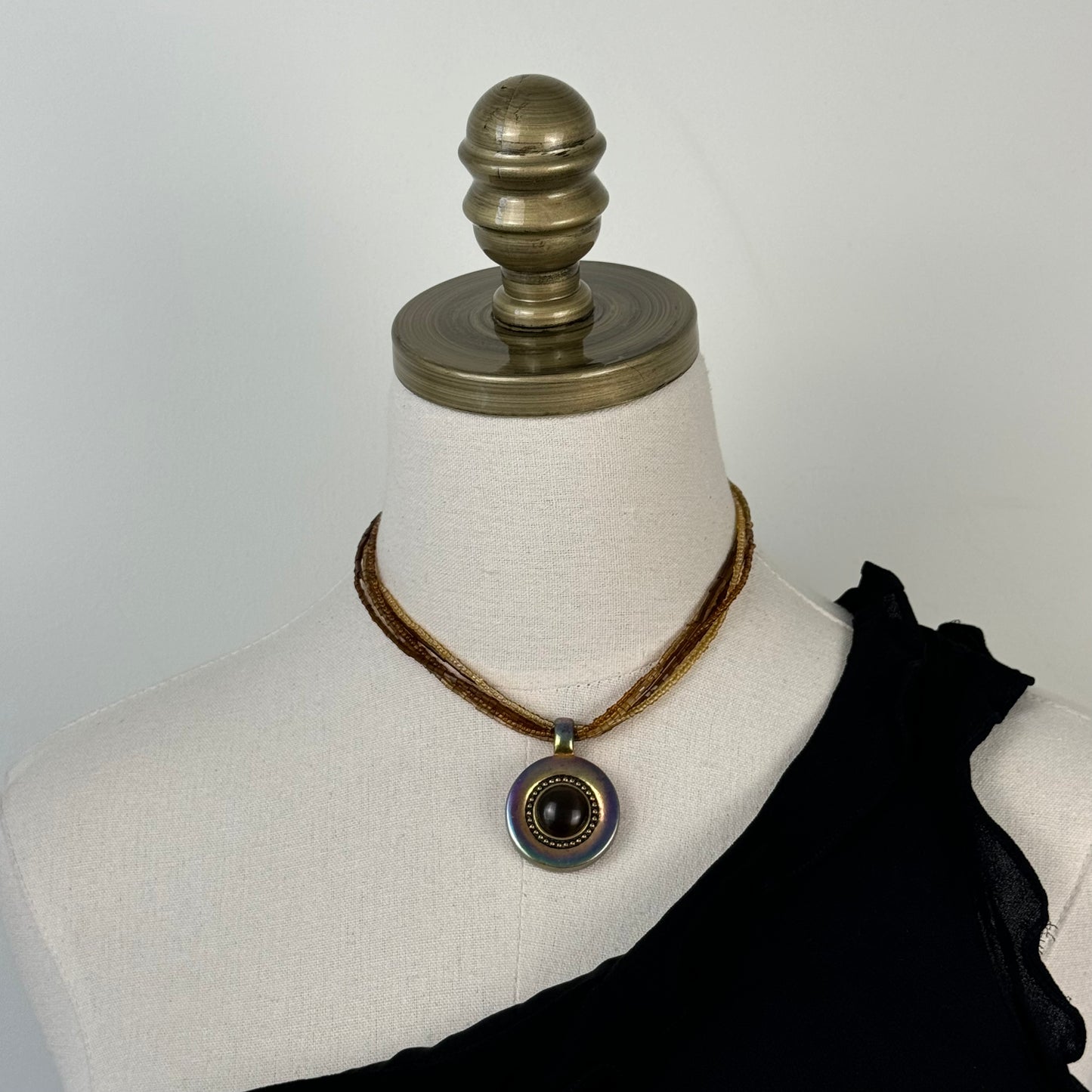Brown Multi-Strand Beaded Necklace with Black Pendant