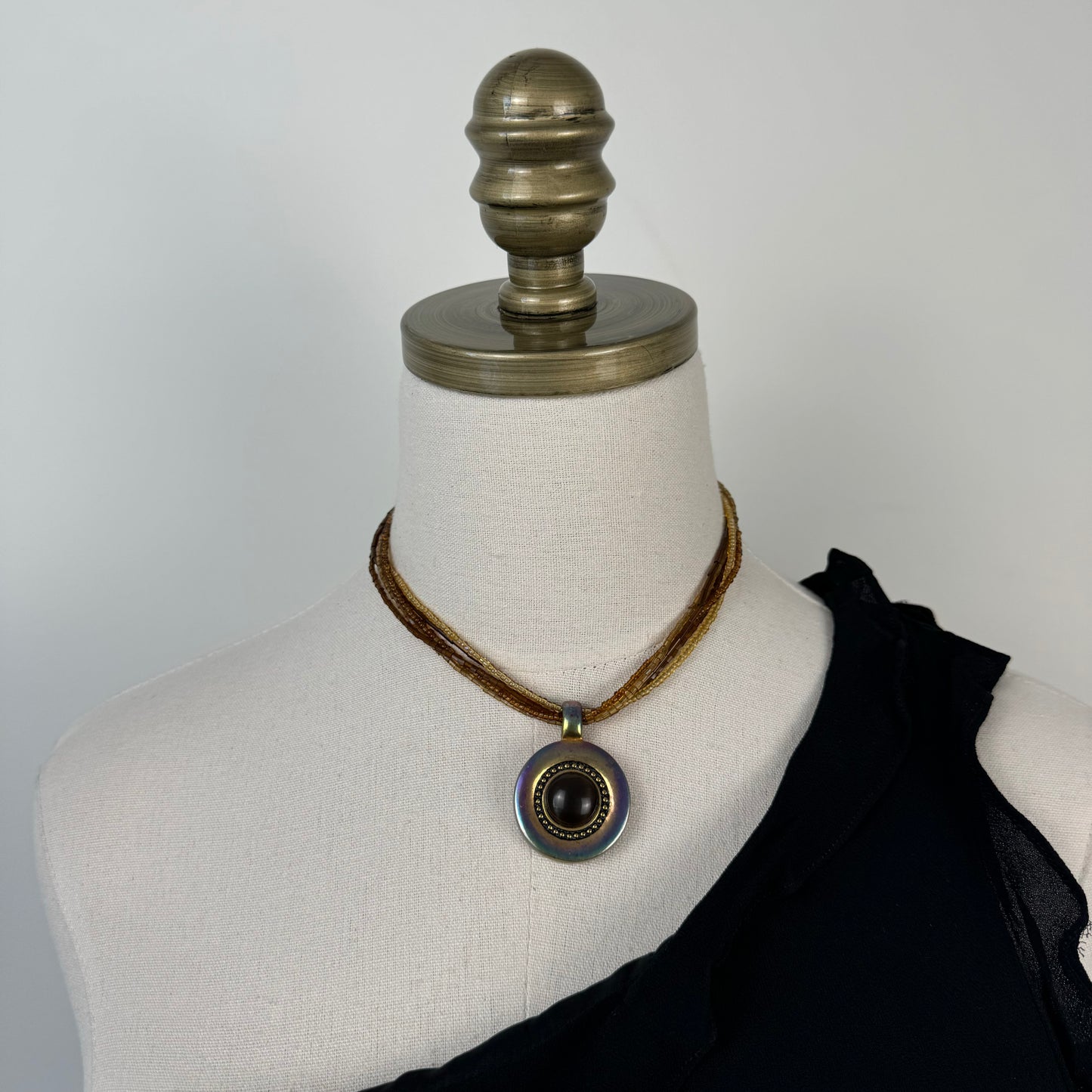 Brown Multi-Strand Beaded Necklace with Black Pendant