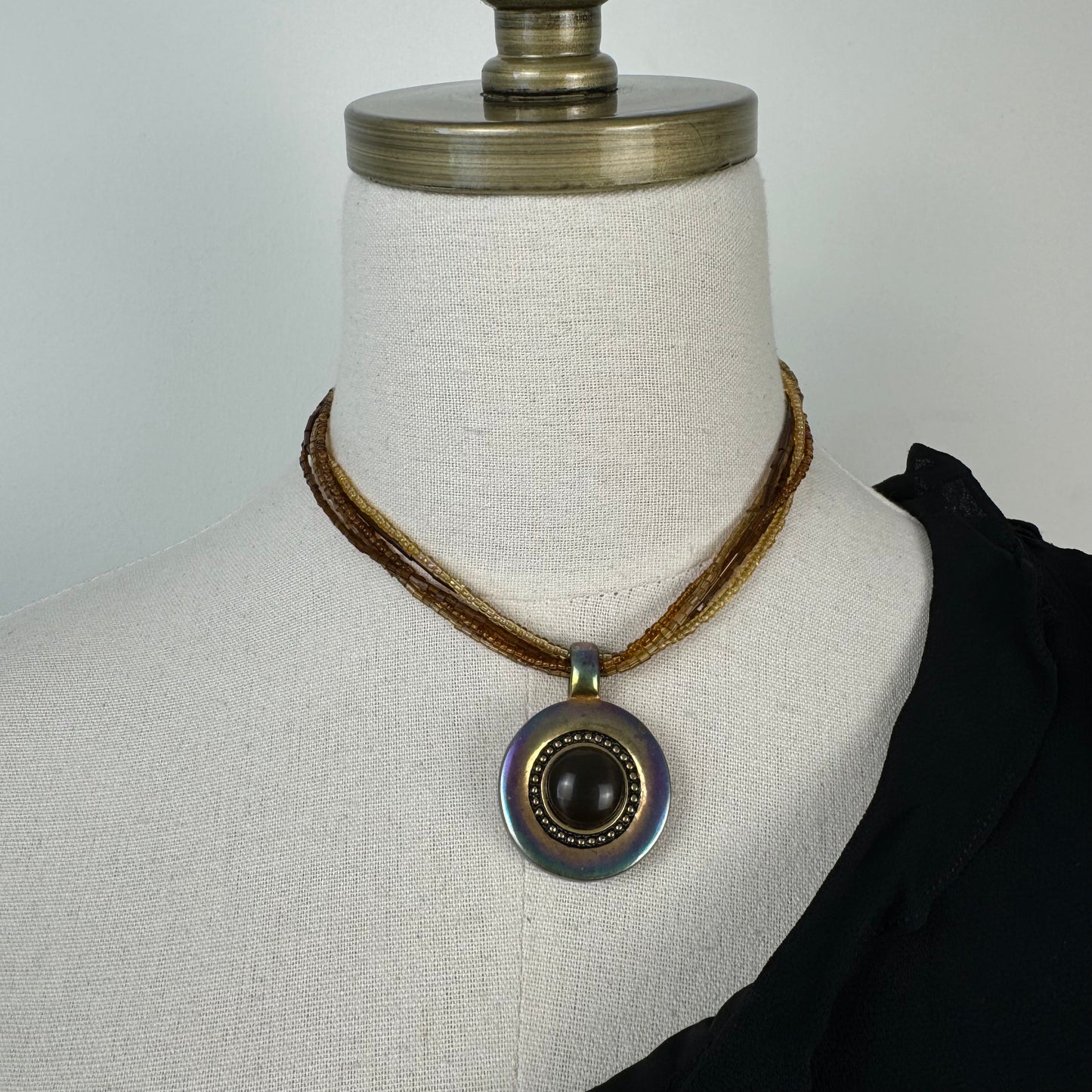 Brown Multi-Strand Beaded Necklace with Black Pendant