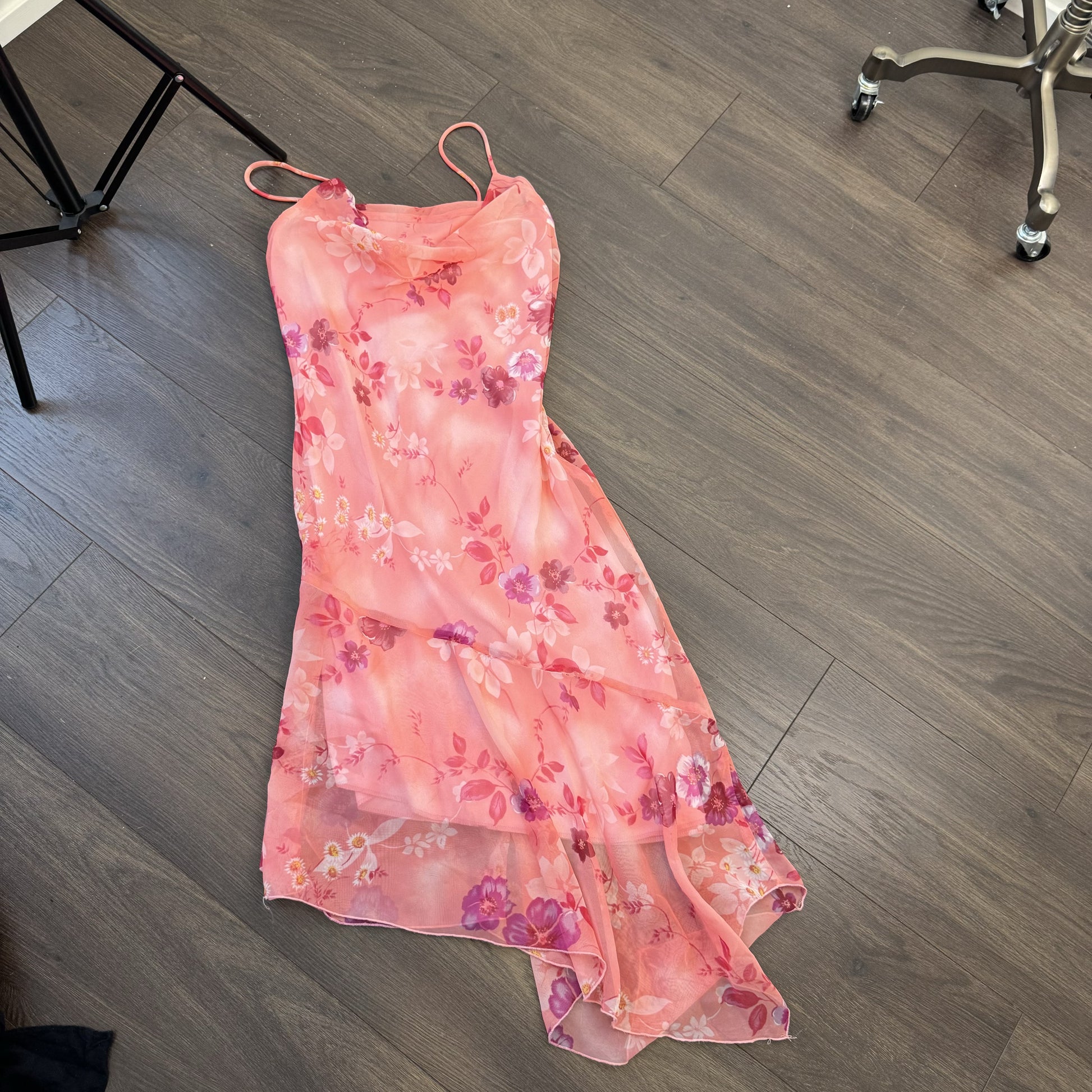 Vintage Fairweather Pink Floral Chiffon Mesh Overlay Asymmetric Midi Dress – view 10