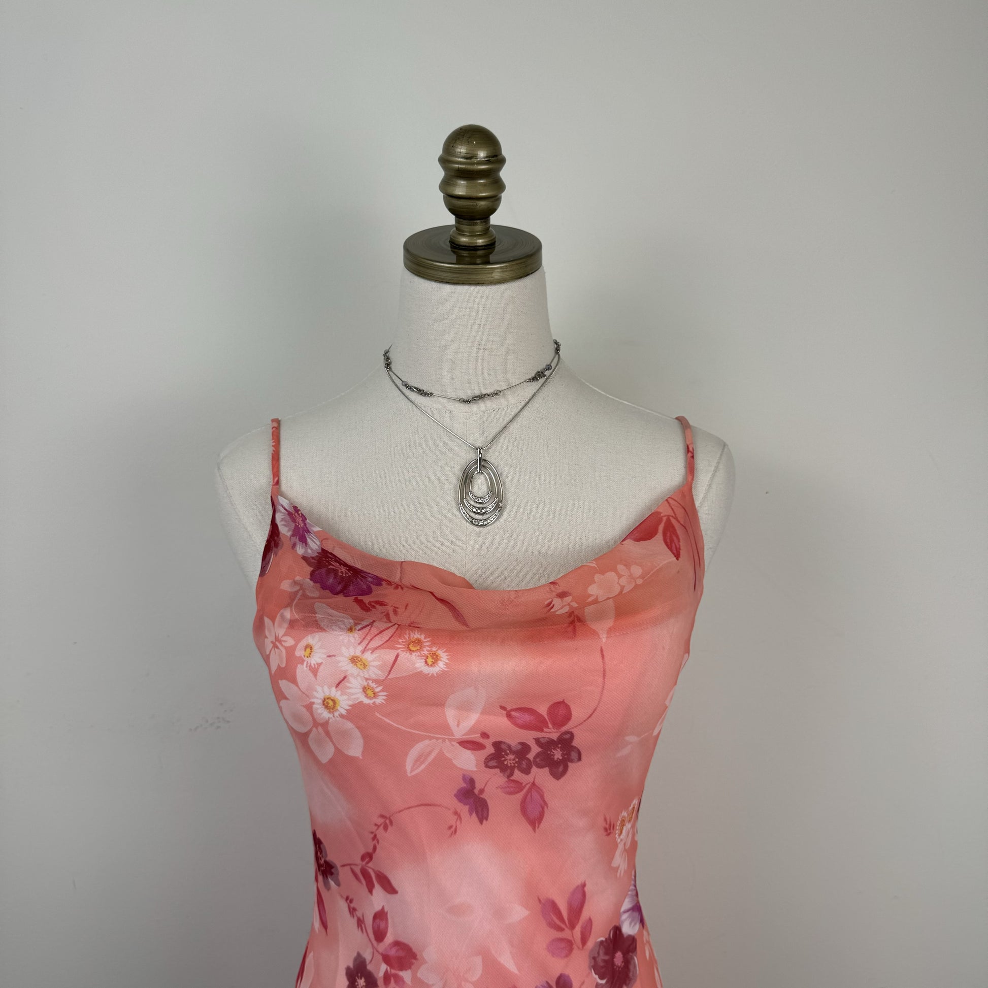 Vintage Fairweather Pink Floral Chiffon Mesh Overlay Asymmetric Midi Dress – view 8