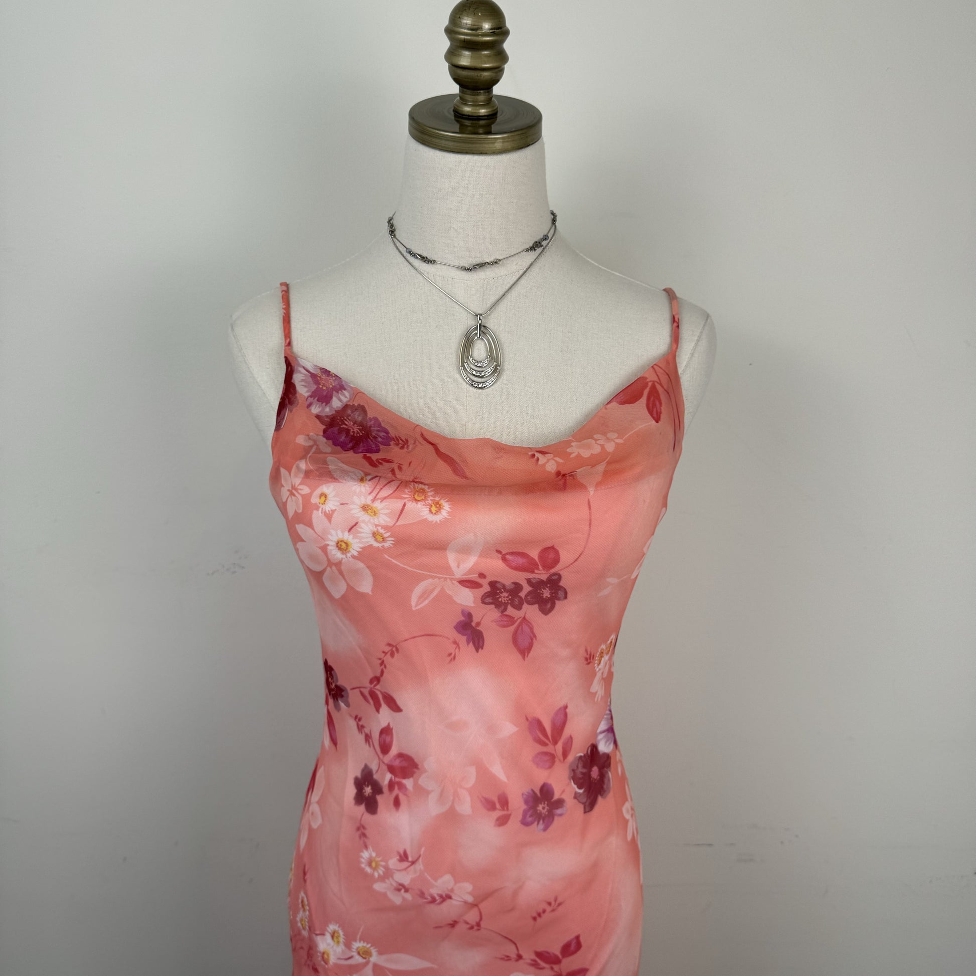 Vintage Fairweather Pink Floral Chiffon Mesh Overlay Asymmetric Midi Dress – view 9