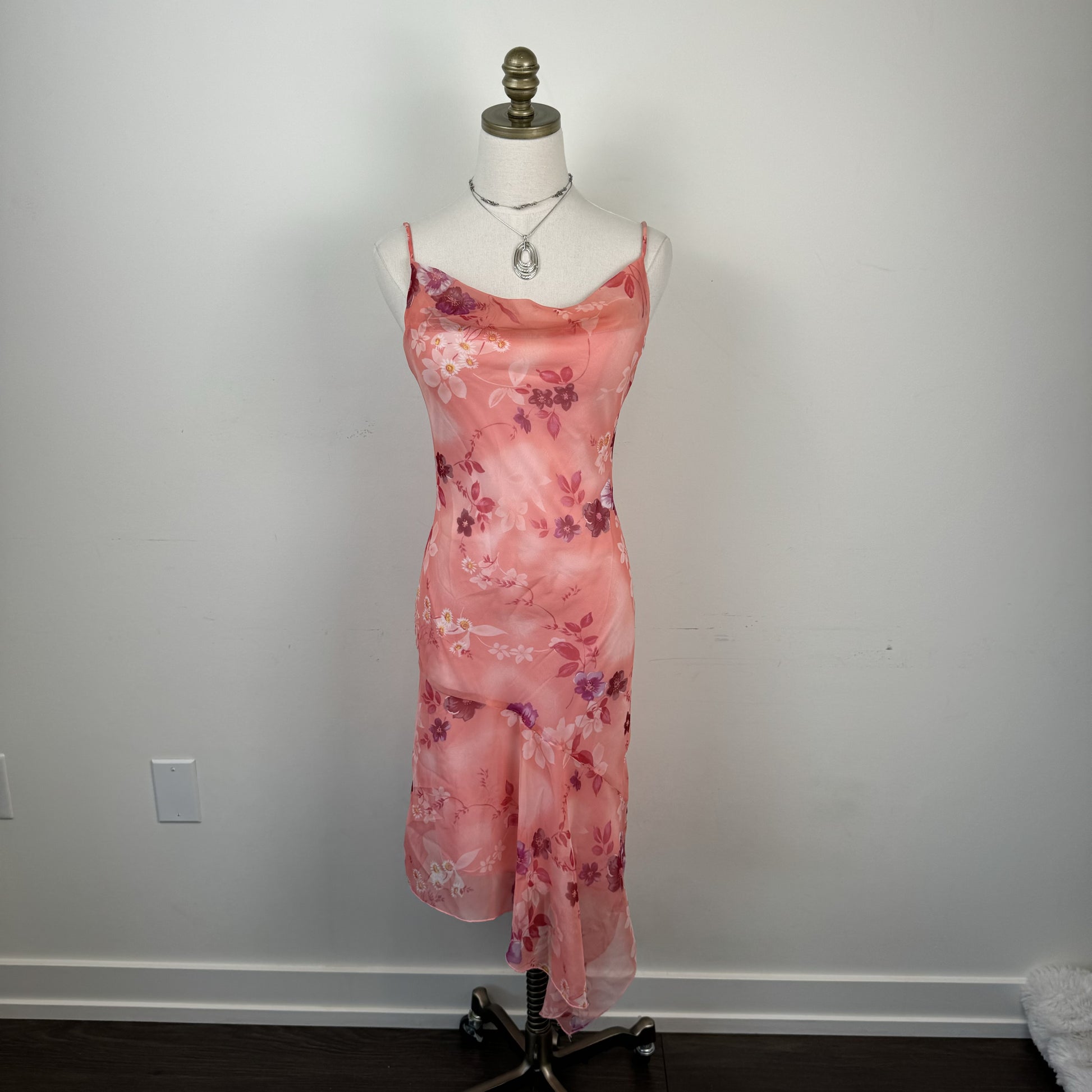 Vintage Fairweather Pink Floral Chiffon Mesh Overlay Asymmetric Midi Dress – view 2