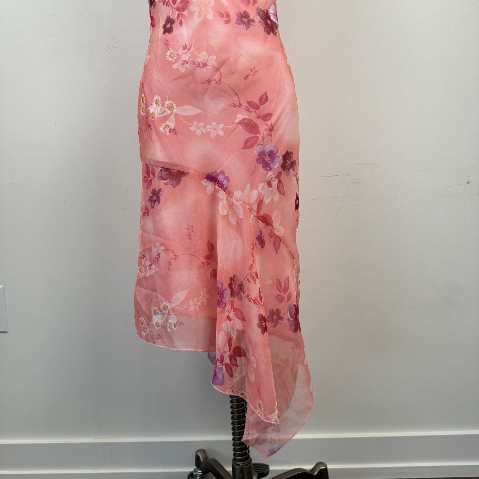 Vintage Fairweather Pink Floral Chiffon Mesh Overlay Asymmetric Midi Dress – view 3