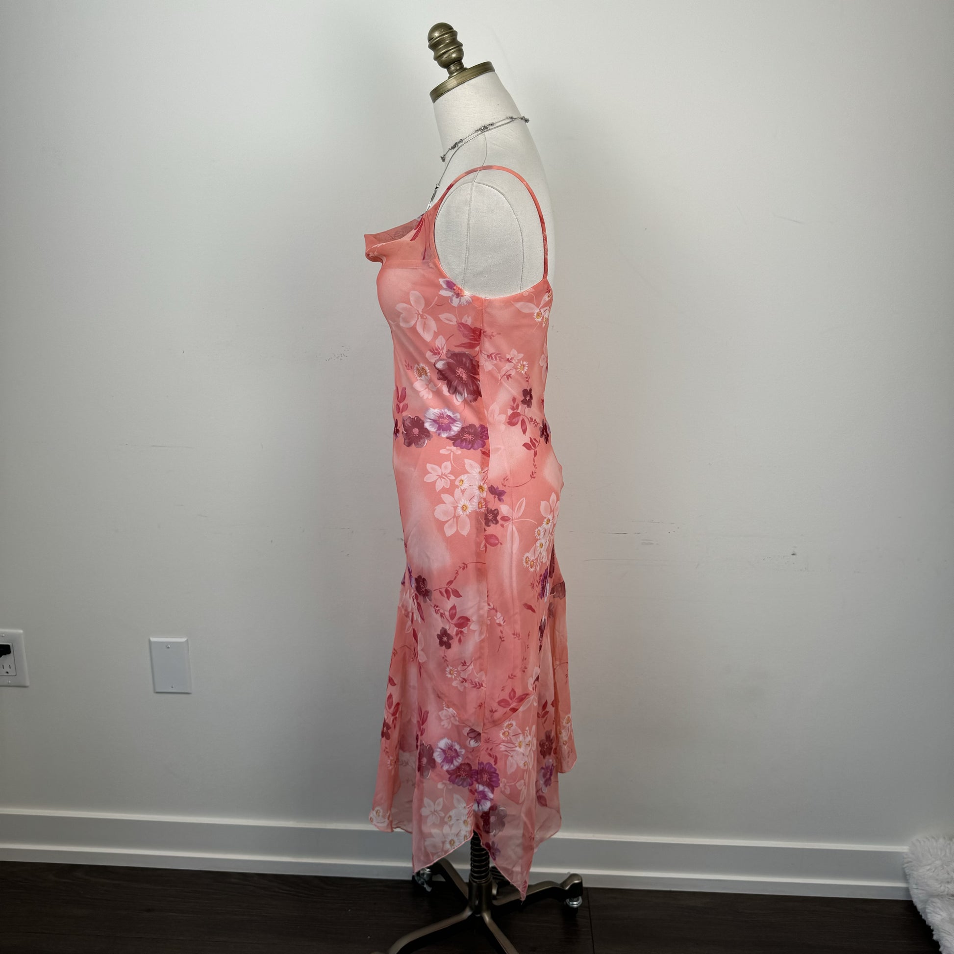Vintage Fairweather Pink Floral Chiffon Mesh Overlay Asymmetric Midi Dress – view 4