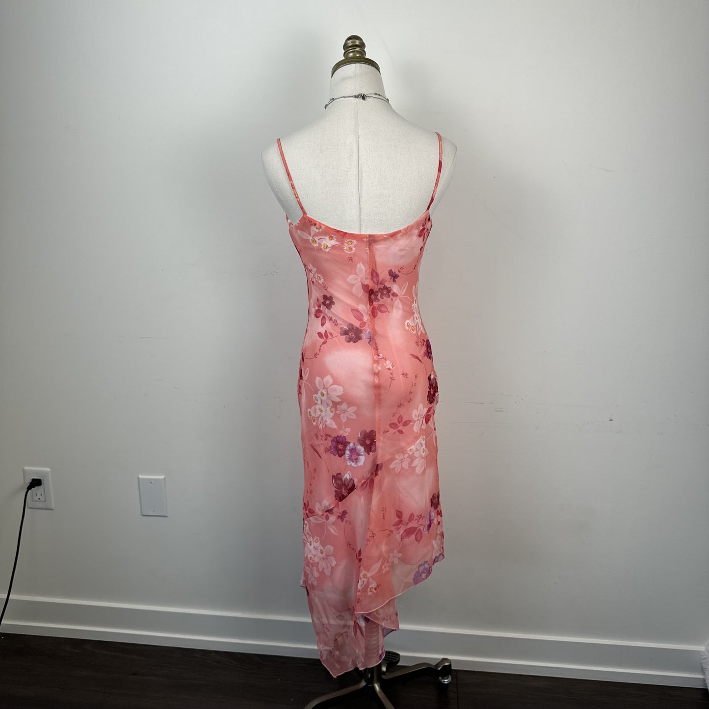 Vintage Fairweather Pink Floral Chiffon Mesh Overlay Asymmetric Midi Dress – view 5