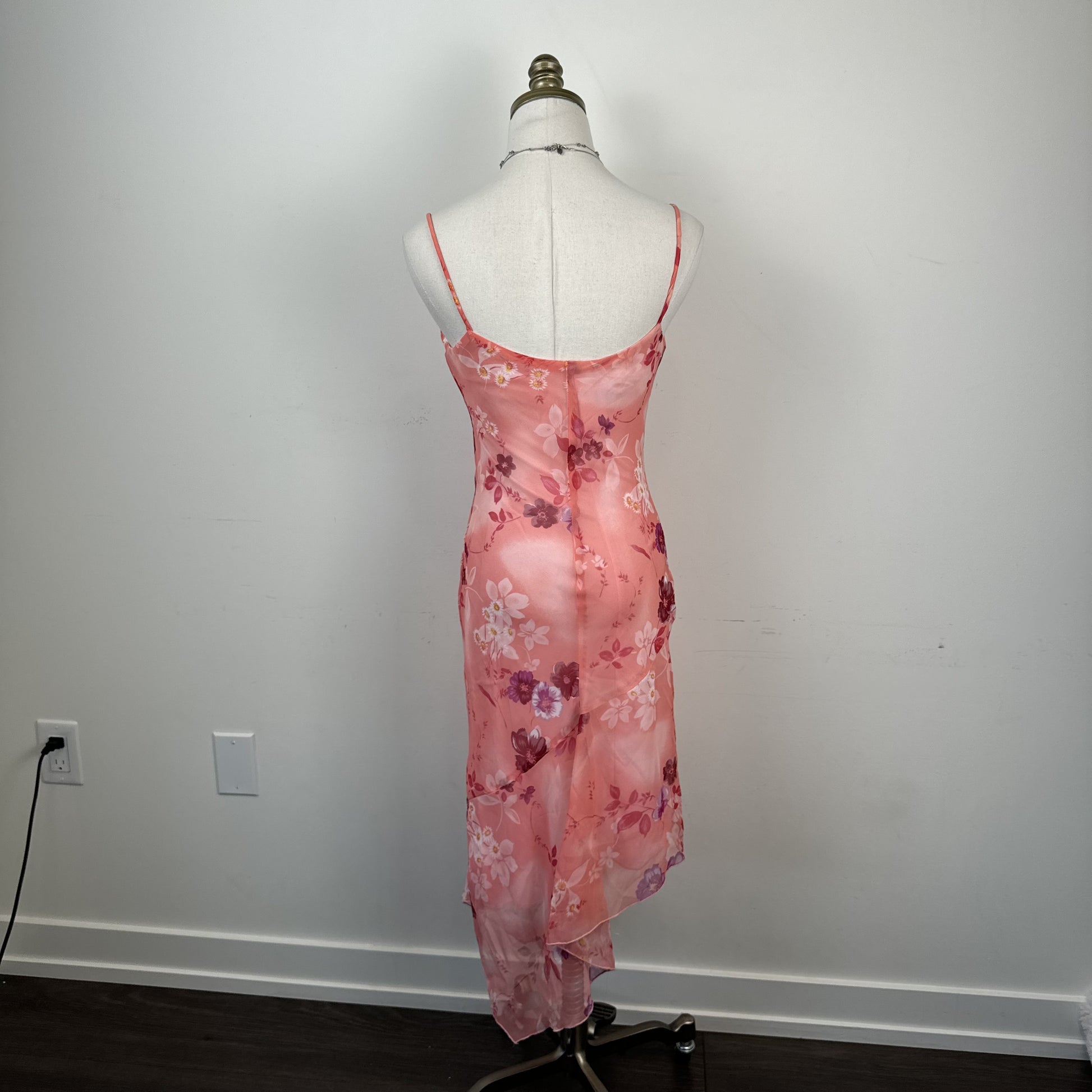 Vintage Fairweather Pink Floral Chiffon Mesh Overlay Asymmetric Midi Dress – view 5