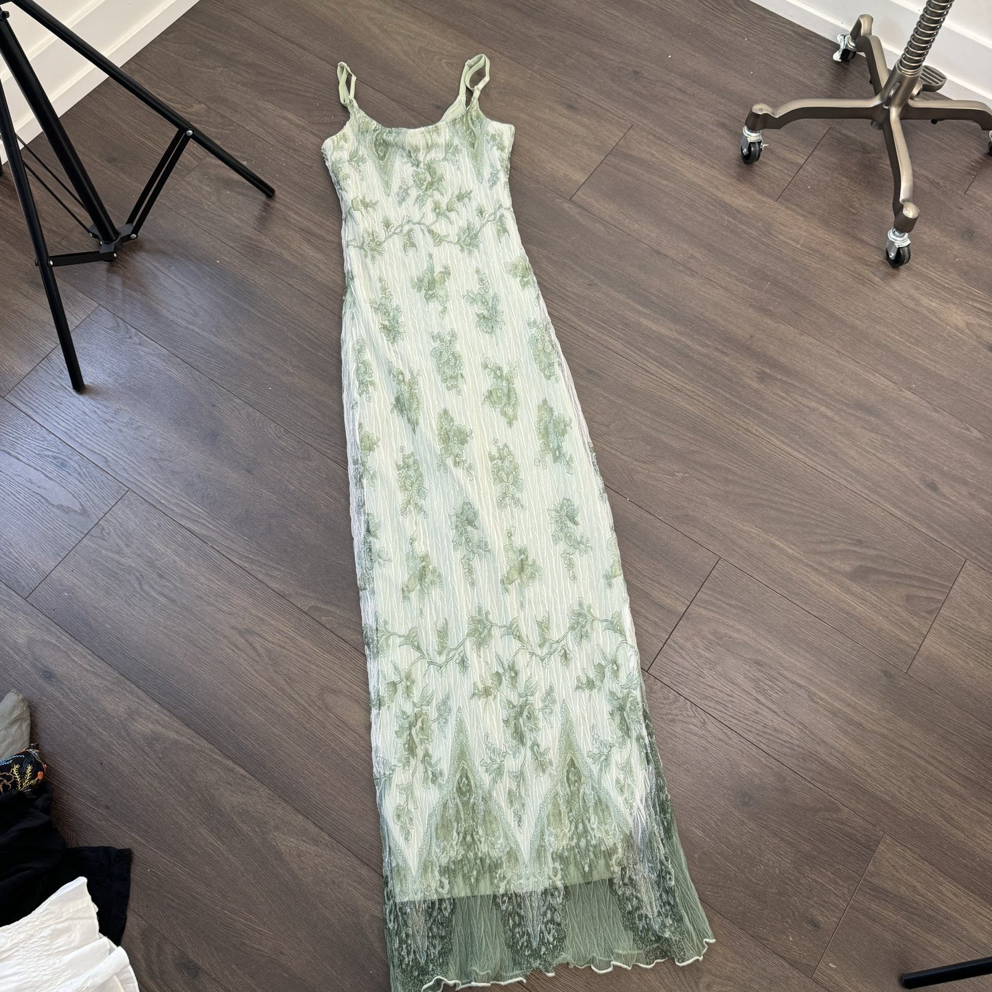 Vintage Le Chateau Pastel Green Chiffon Mesh Pleated Maxi Dress – view 10