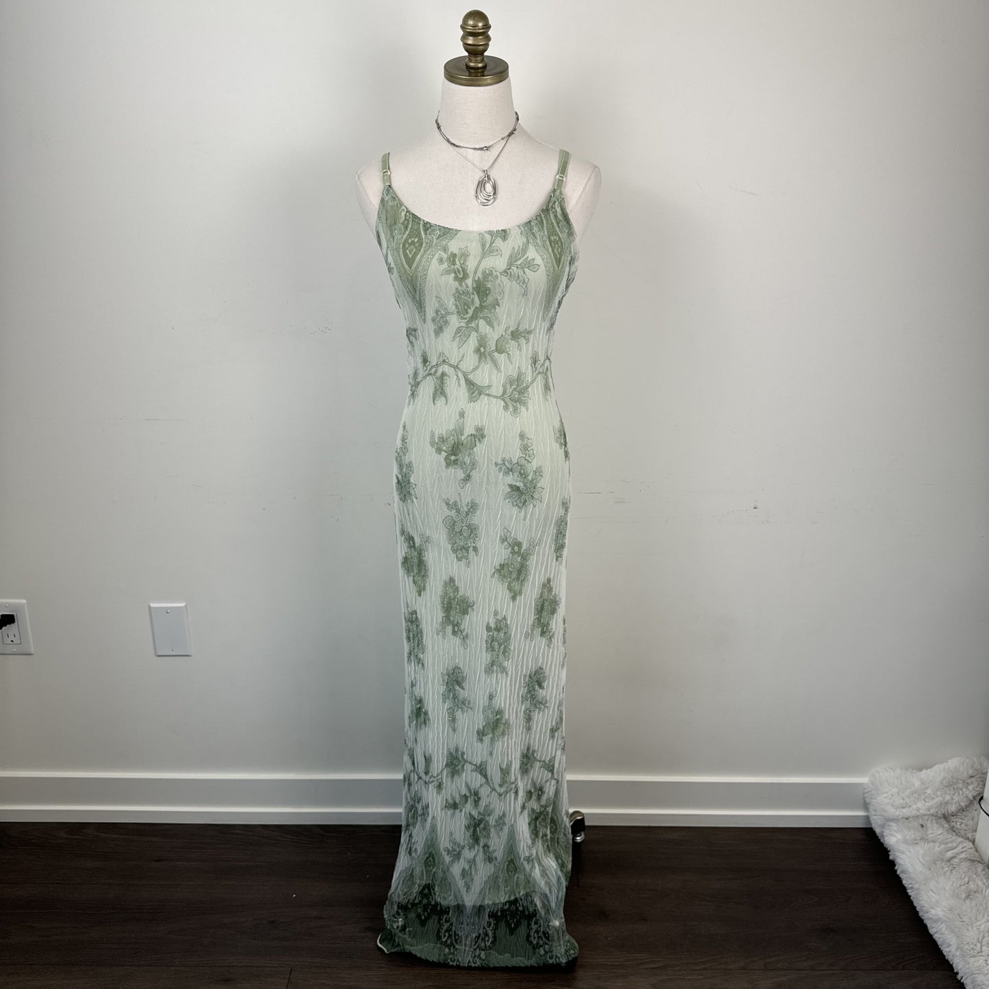 Vintage Le Chateau Pastel Green Chiffon Mesh Pleated Maxi Dress