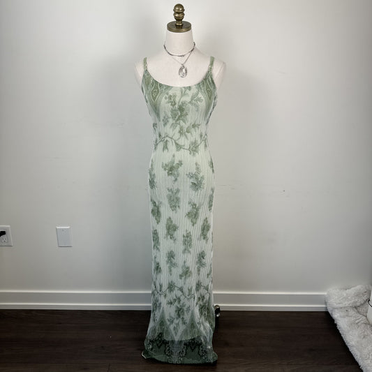 Vintage Le Chateau Pastel Green Chiffon Mesh Pleated Maxi Dress