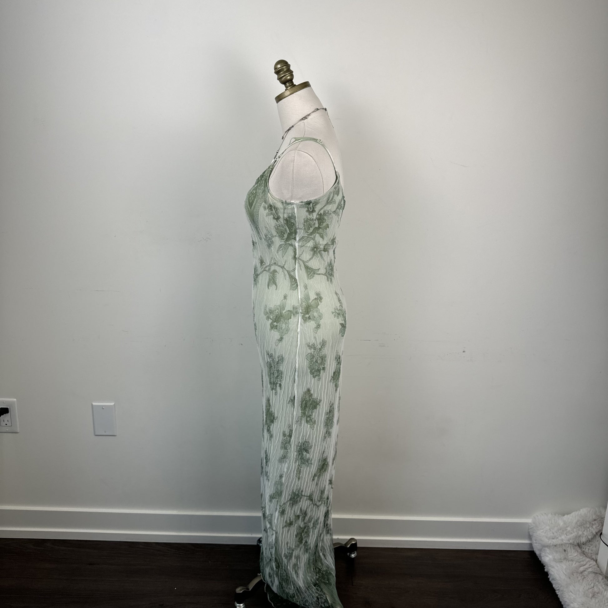 Vintage Le Chateau Pastel Green Chiffon Mesh Pleated Maxi Dress – view 4