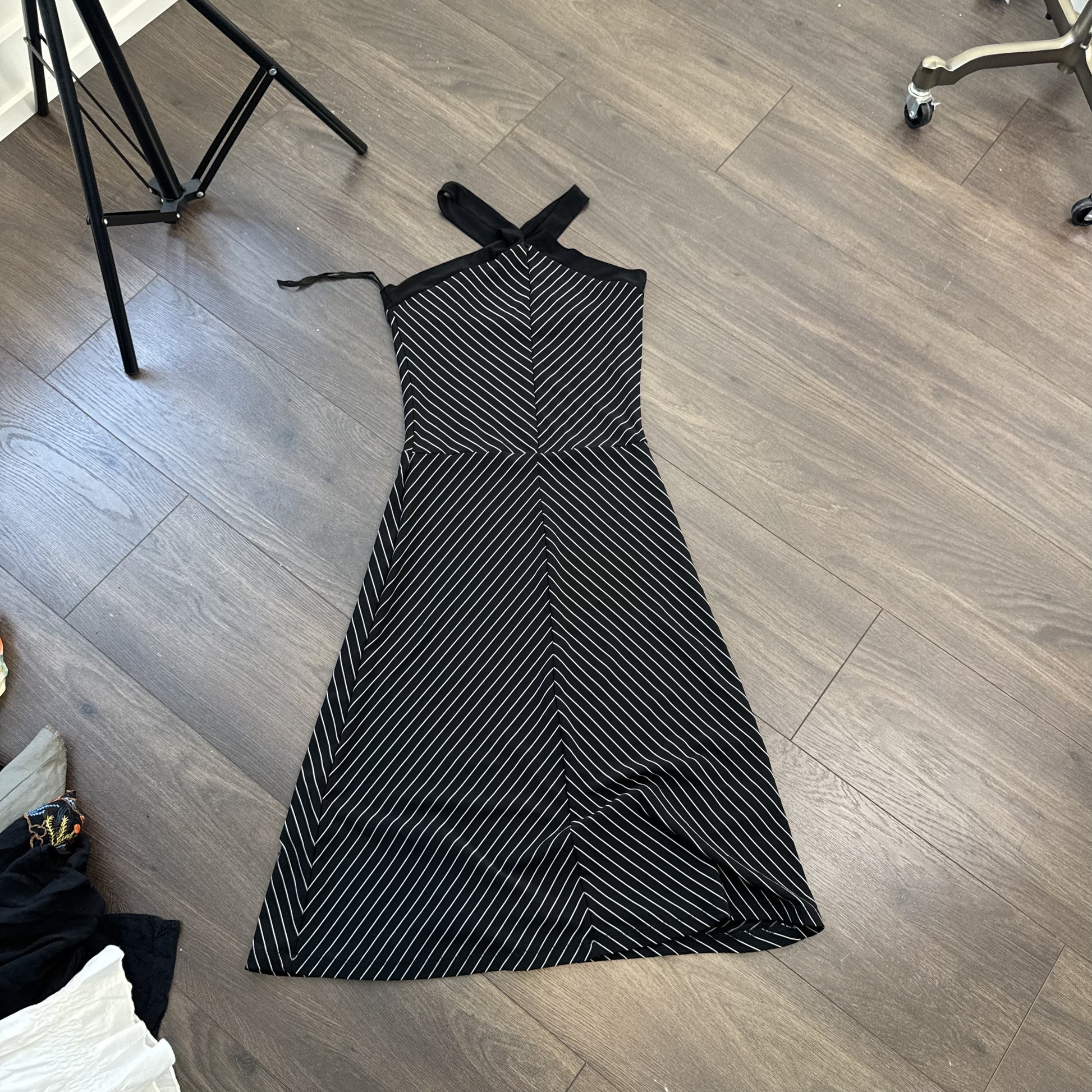 Vintage Shadow Black Striped Halter Midi Dress – view 7