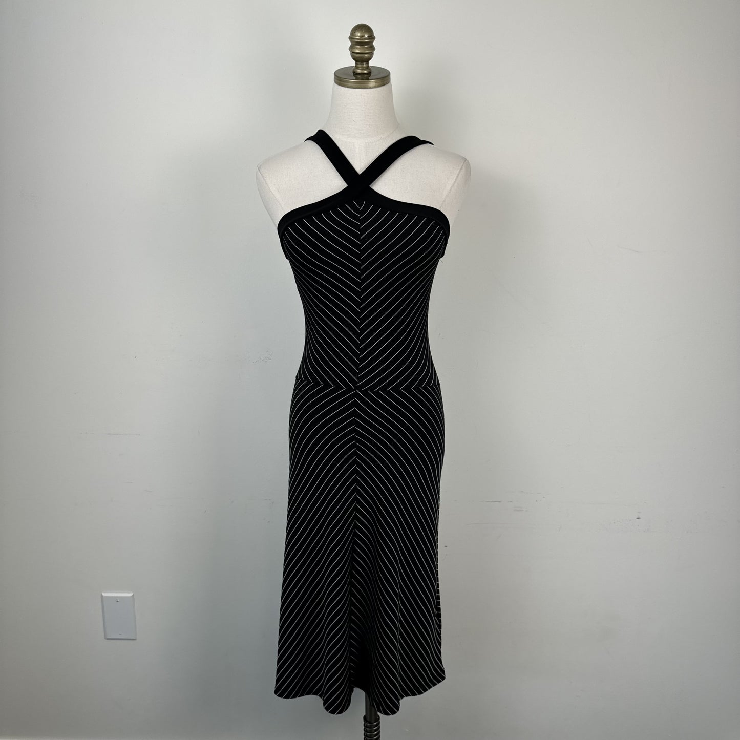 Vintage Shadow Black Striped Halter Midi Dress