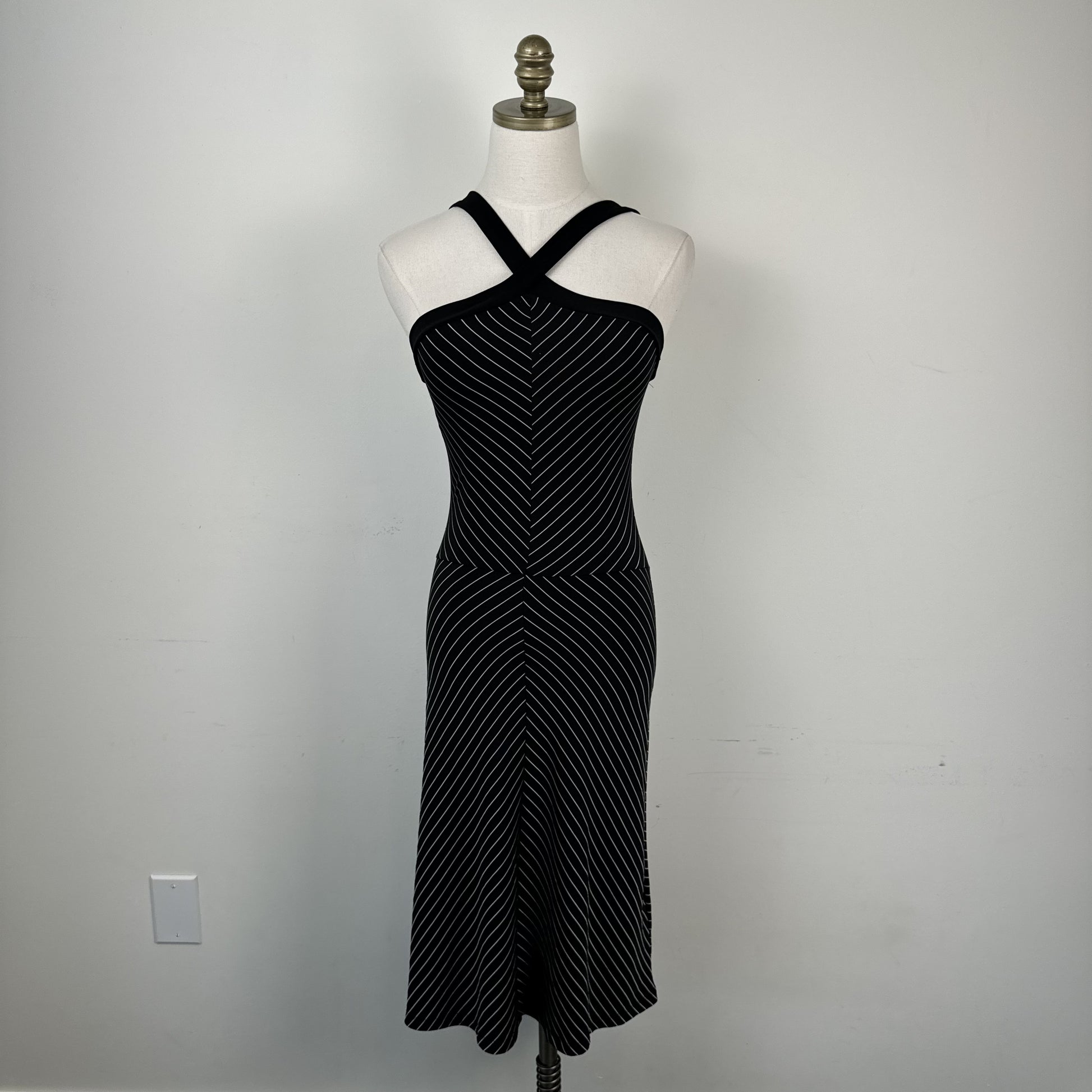 Vintage Shadow Black Striped Halter Midi Dress