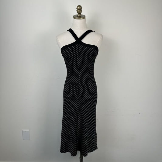 Vintage Shadow Black Striped Halter Midi Dress