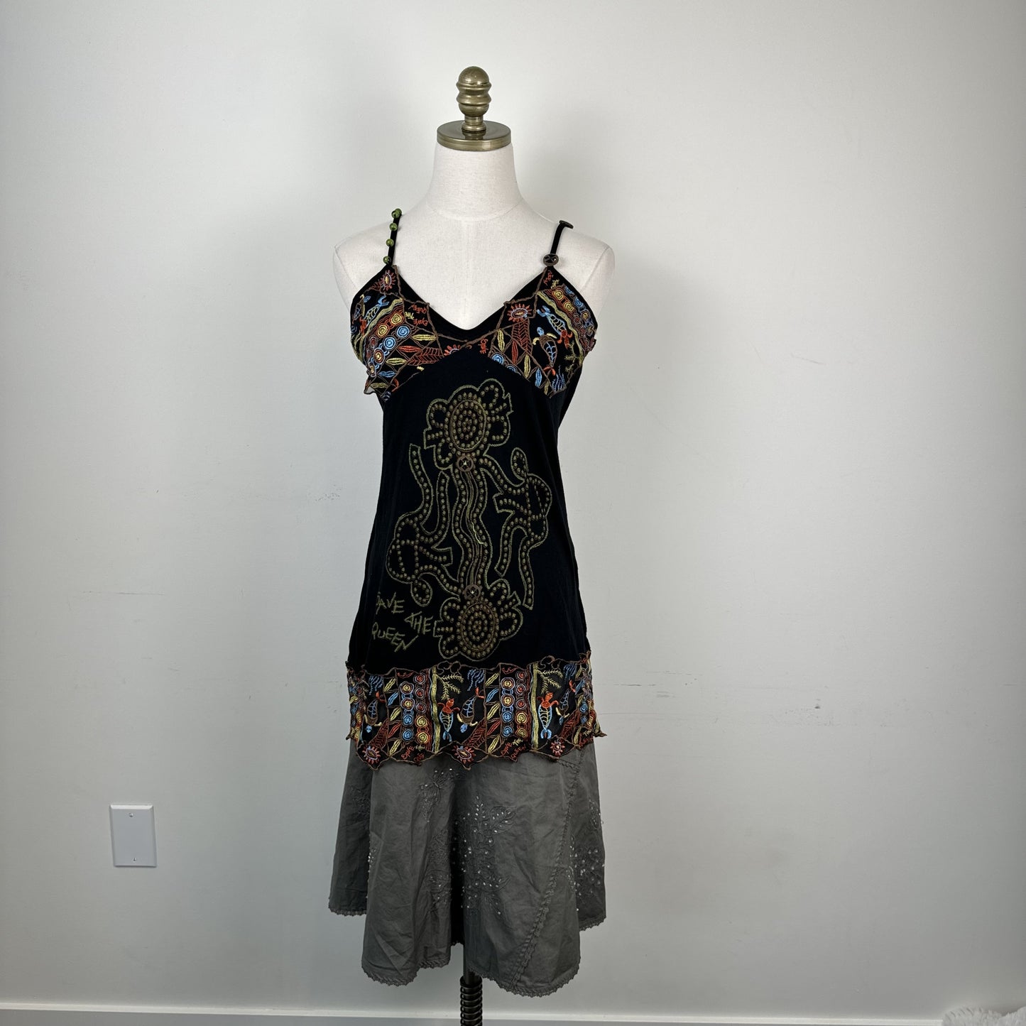 Vintage Save The Queen Green Beaded Mesh Embroidered Babydoll Slip Top
